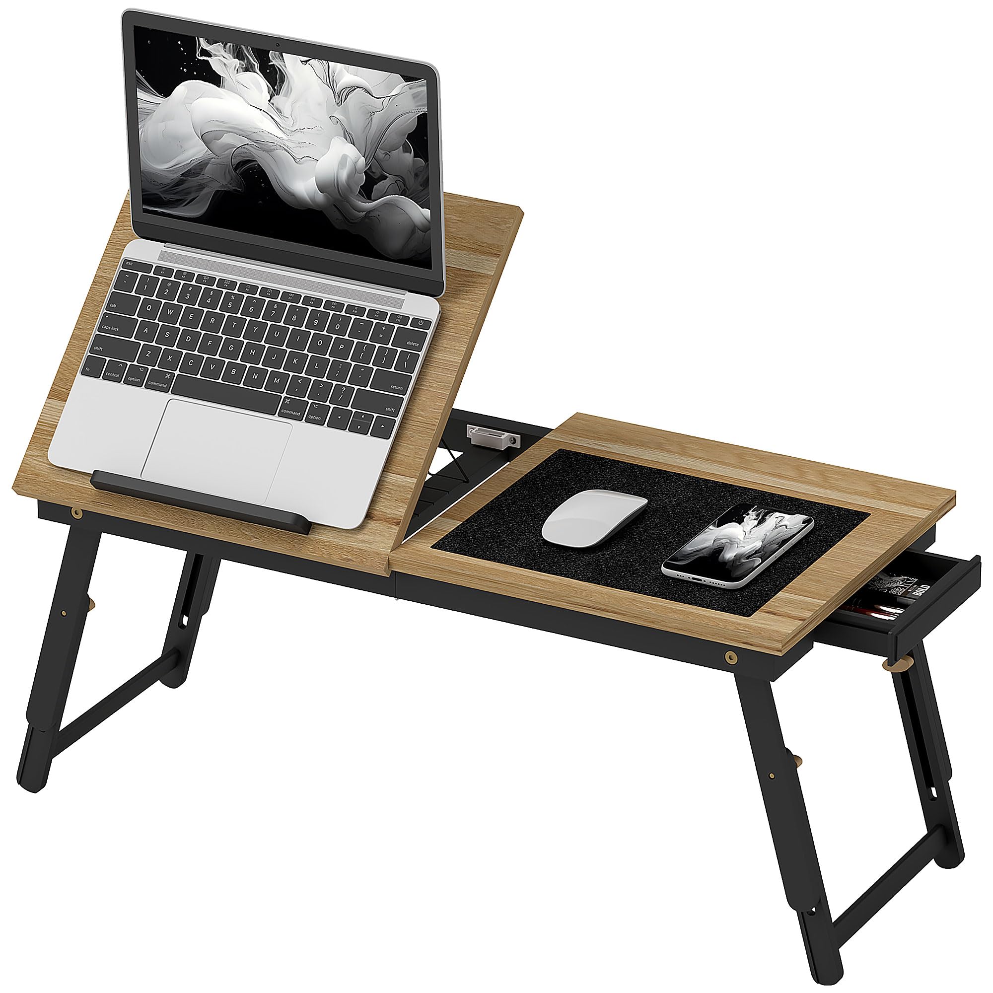 HOMCOM Składany i regulowany stolik na łóżko, blat łóżka na laptopa z półką, szufladą, bambusowe biurko do łóżka, 86 l x 33P x 22,5-32H cm, dąb