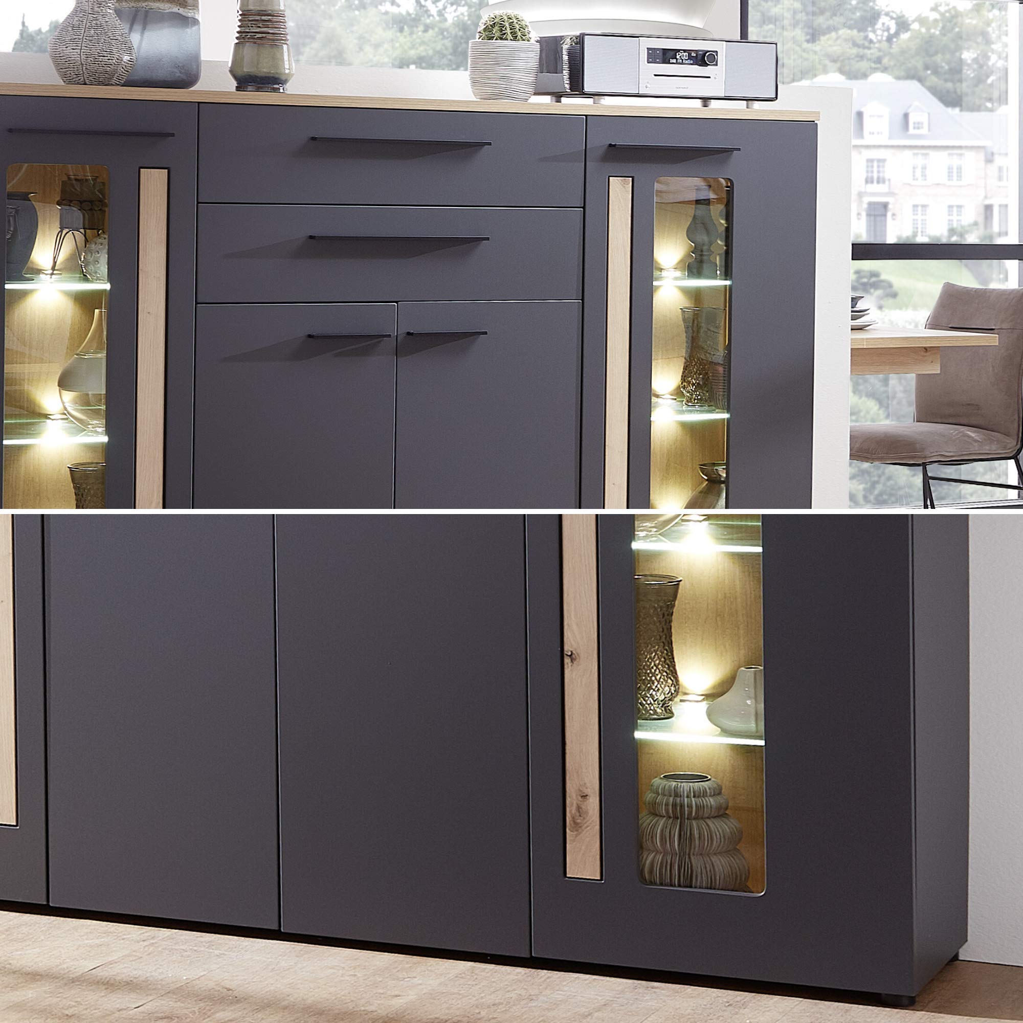 Stella Trading Loft-Two-Apariencia Artisan, salón y Comedor, Madera de ingeniería, Roble Artesano Grafito, Highboard