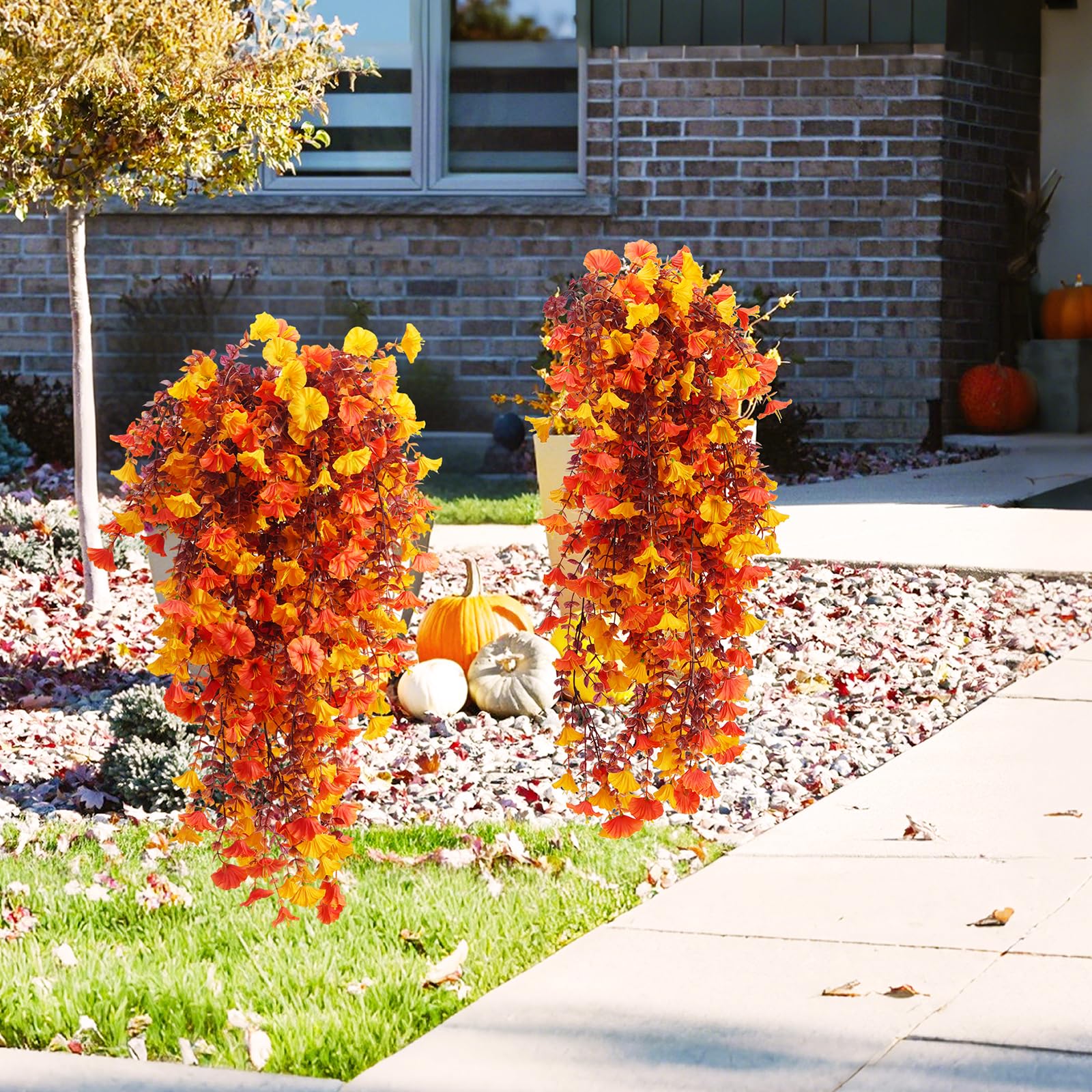 Fanfantoey Fiori artificiali autunnali per decorazione esterna e interna, 5 pezzi, resistenti ai raggi UV, fiori finti da appendere, sembrano vere piante rampicanti lunghe in finta seta, petunie per