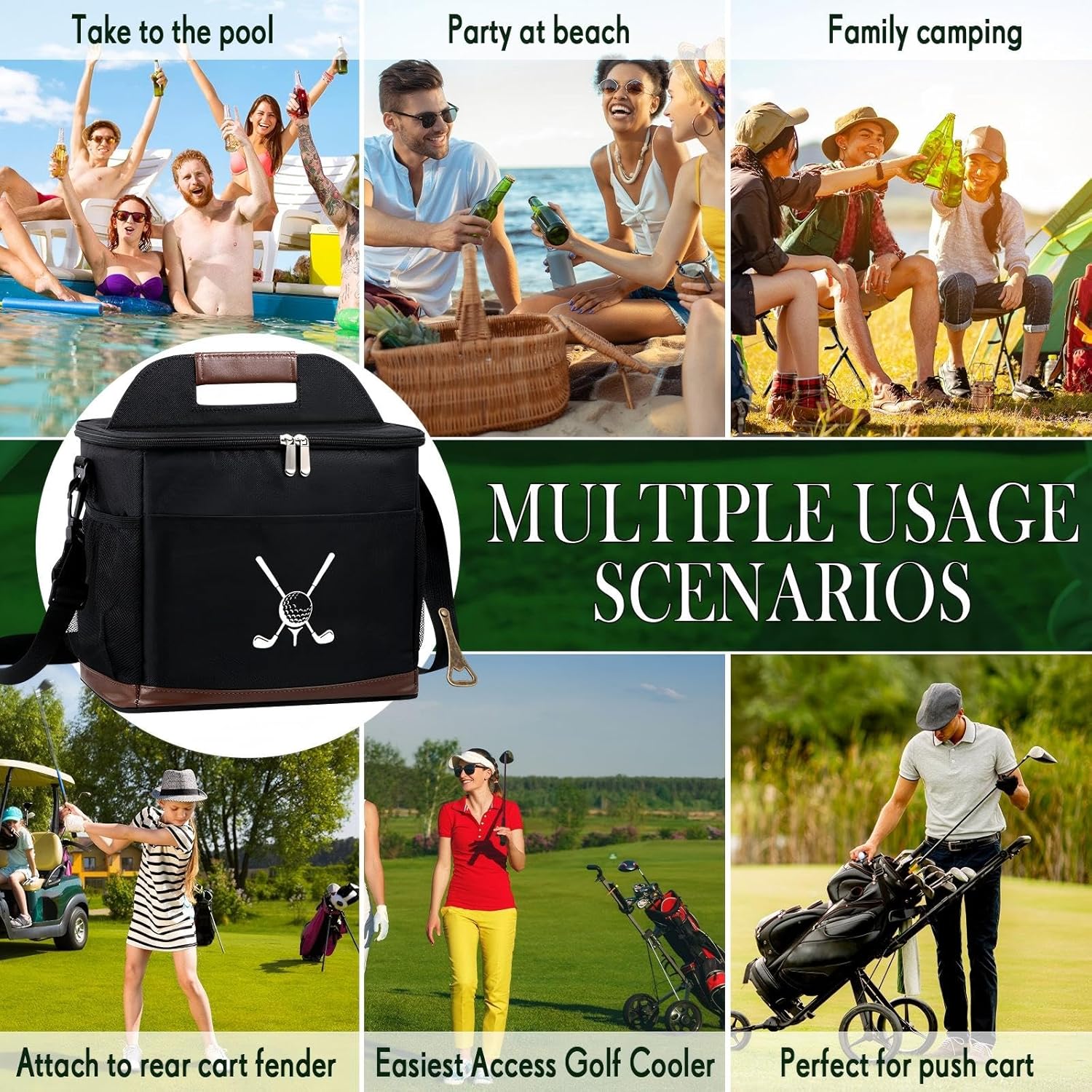 Reallnaive Golf Cart Cooler Bag Insulated with 6 Beer Can Sleeves 24 Can Large Foldable Leakproof Soft Cooler Bag with Bottle Opener Ice Cooling Holds for Golf Cart