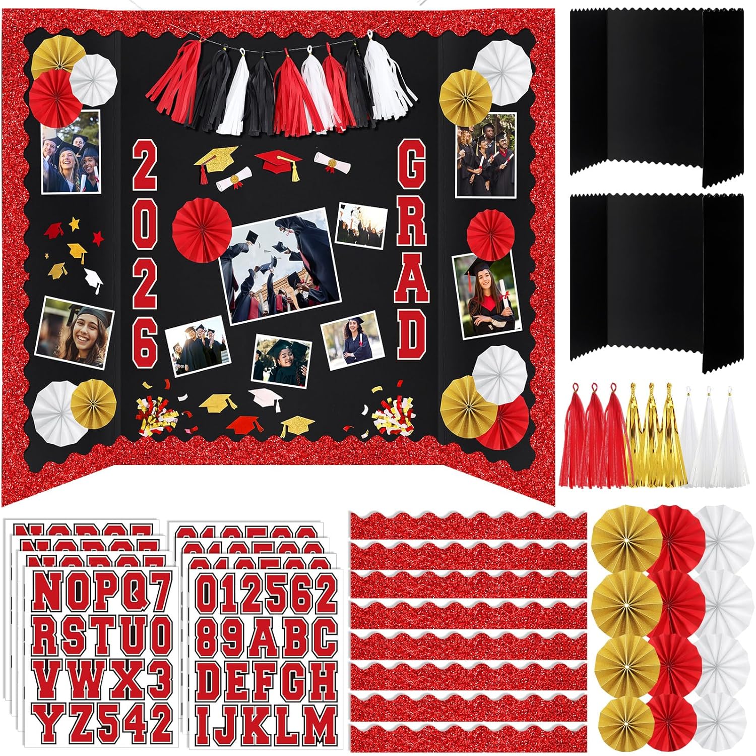 31 Pcs Graduation Photo Display Board Decoration 40"x28" Trifold Poster Board Graduation Themed Stickers Grad Fan Tassel Garland for 2026 Grad Party College Picture Frame (Red Black White)