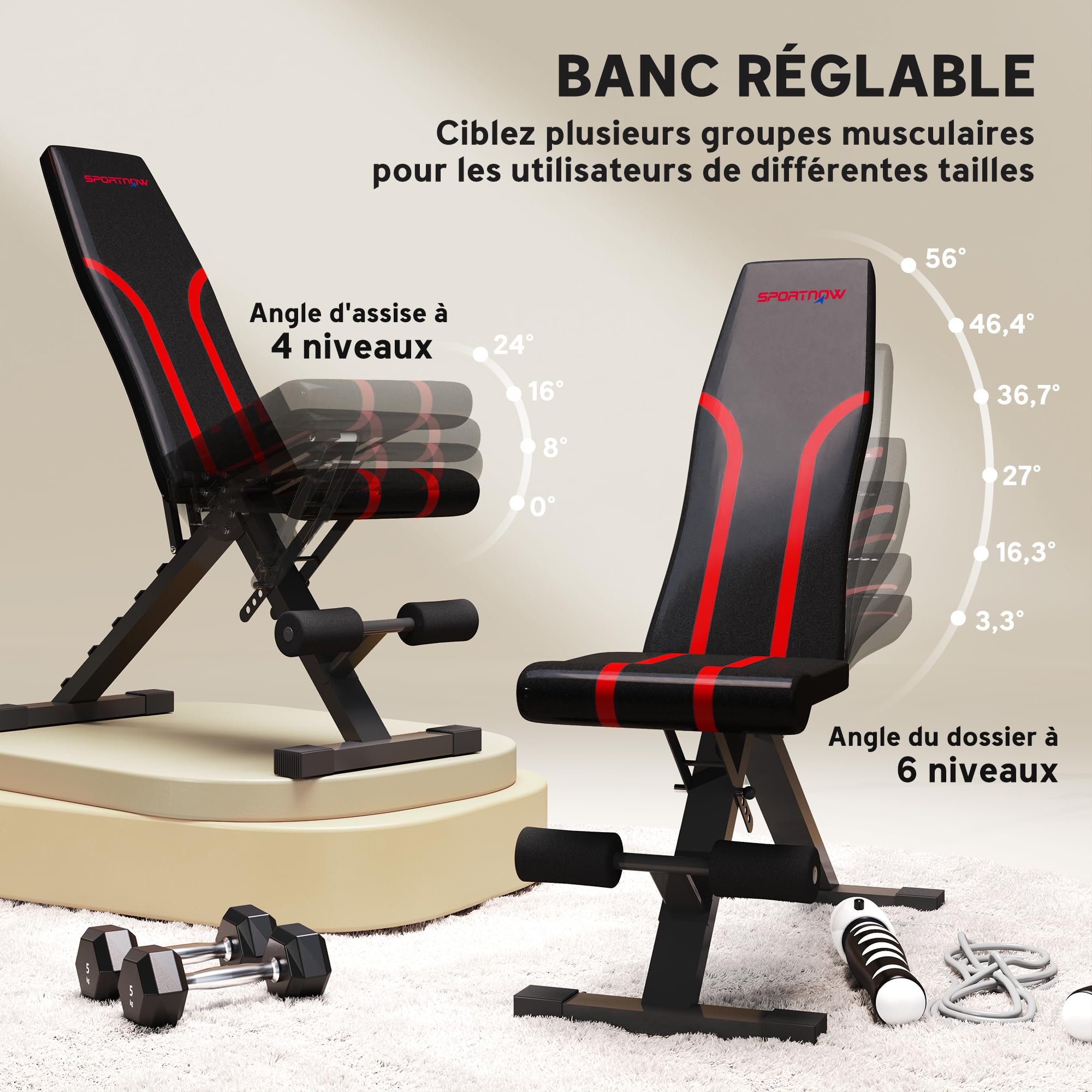 SPORTNOW Banc de Musculation Pliable Inclinable Charge 230 Kg Acier Noir | Banc Réglable pour l'EntraînementComplet, Siège et Dossier Réglable Plat ou Incliné, Développé Couché, Curl Biceps