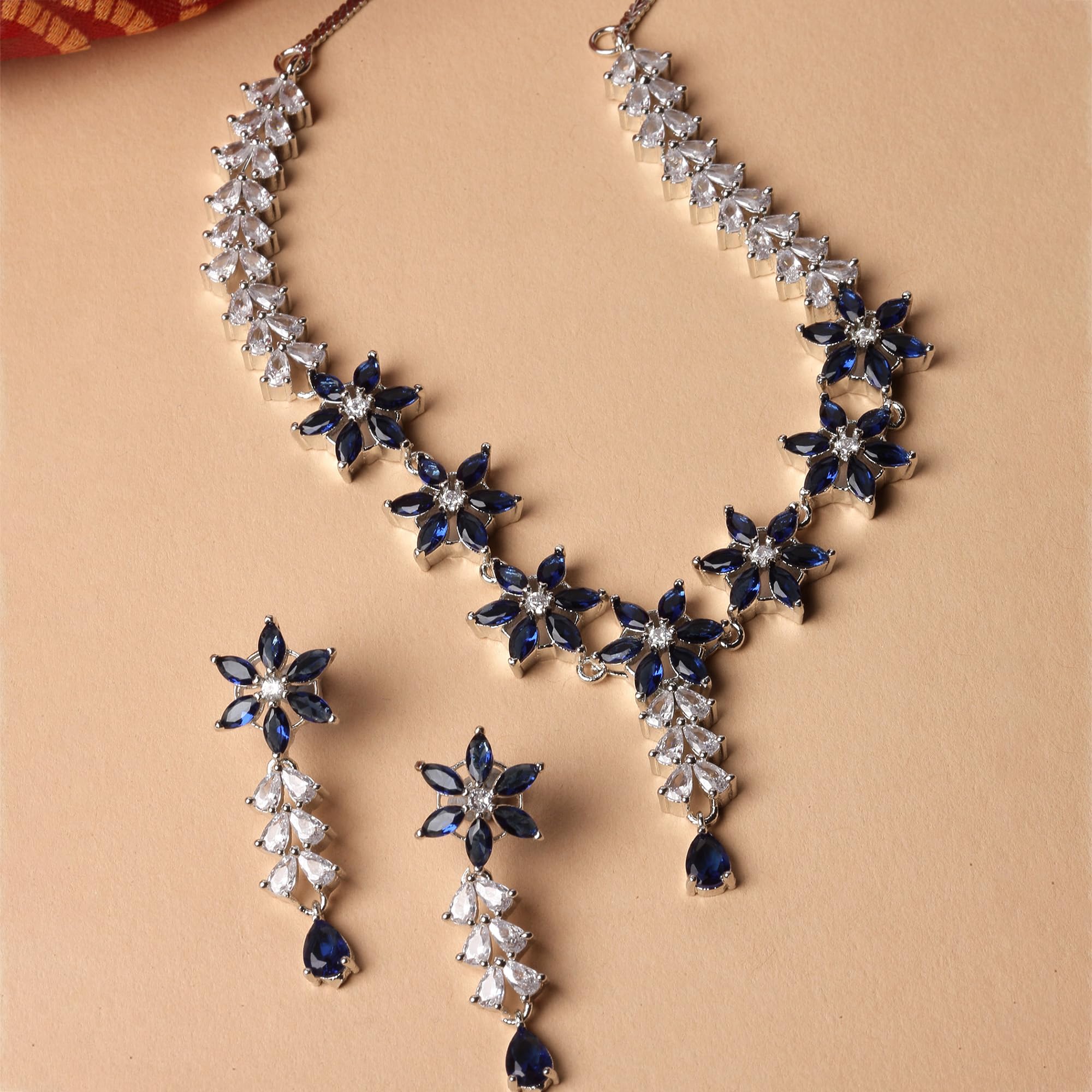 Star Shaped Silver Toned Necklace Earrings Set with American Diamond