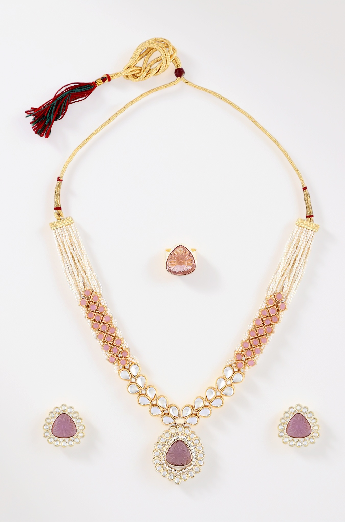Pink Purple Stones Embellished Kundan Necklace Earring & Ring Set For Women-ZPFK15937