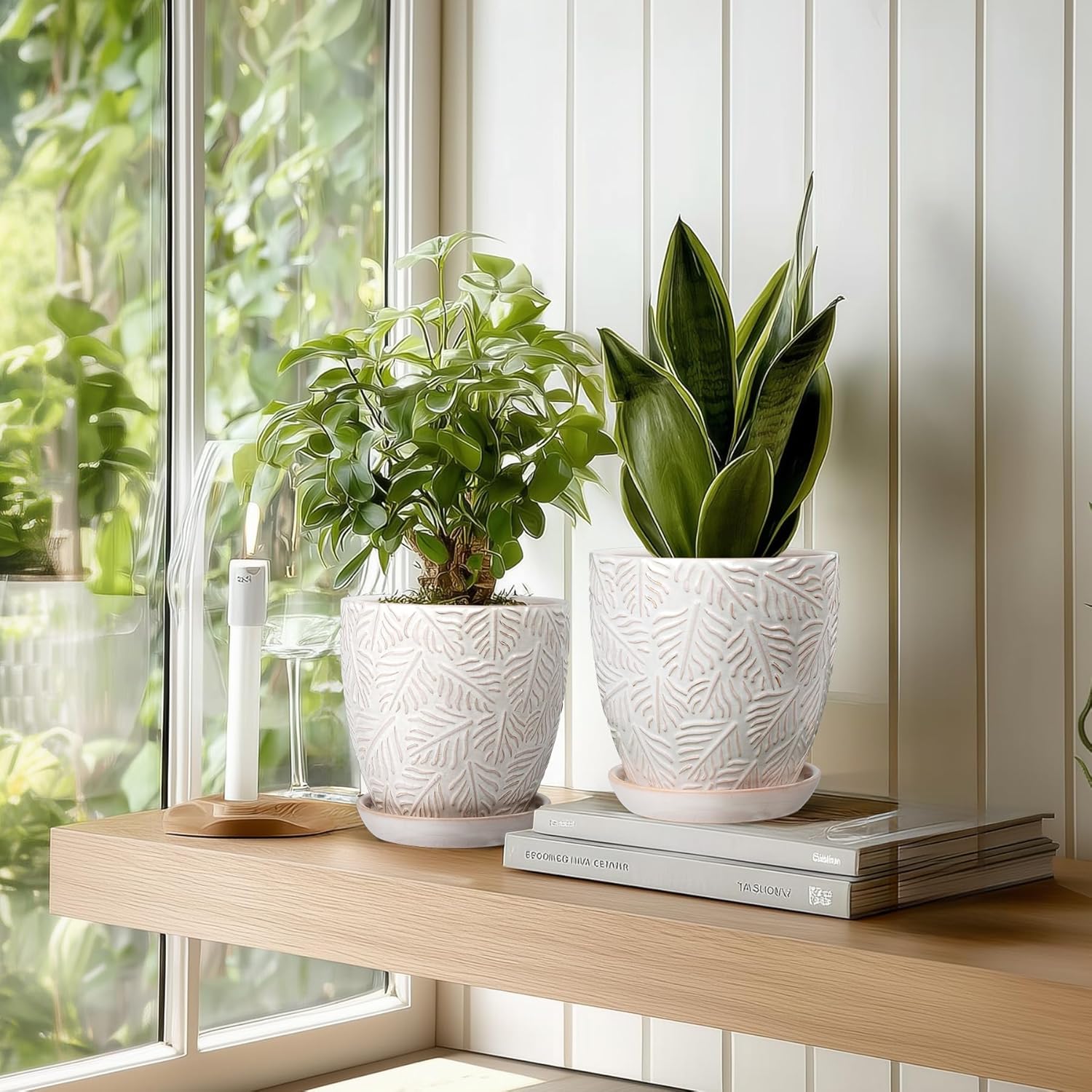 EFISPSS Ceramic Plant Pots, 6 Inch Ceramic Planter Pot with Drainage Hole and Saucer, Indoor Modern Flower Pots, Set of 2 - White - Image 7