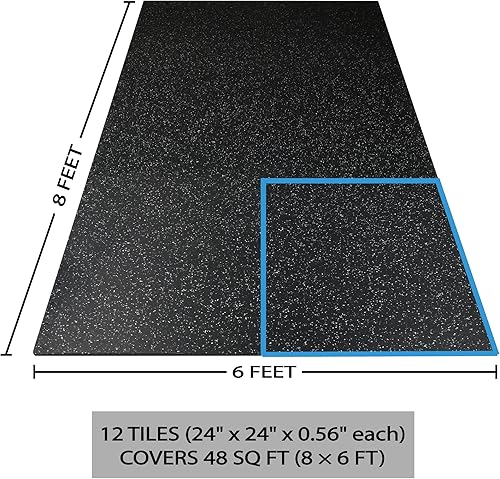 Miniatura 3 de Suelo de gimnasio de 0.56 pulgadas de grosor y 48 pies cuadrados para gimnasio en casa, 12 azulejos con parte superior de goma robusta con