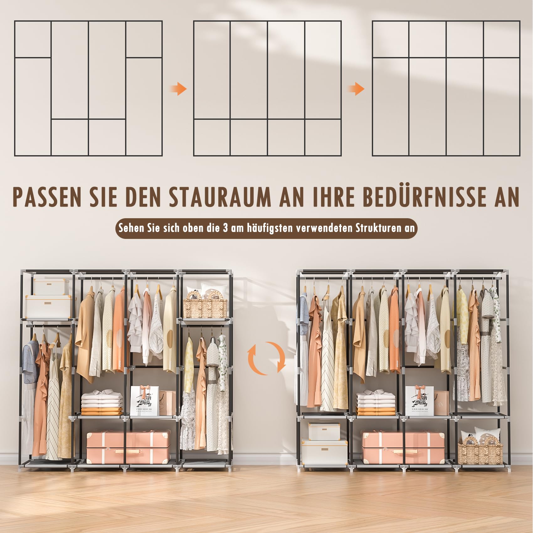 Neatrays Kleiderschrank, Stoffschrank mit 4 Kleiderstange Stabil & 8 Fächern, Faltbarer Kleiderschrank Wardrobe Closet für Kleiderablage Schlafzimmer Ankleidezimmer(Grau)