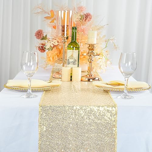 ShiDianYi Camino de mesa con lentejuelas, color dorado claro, secuencia de 14 x 108 pulgadas, mantel brillante para despedidas de soltera y fiestas