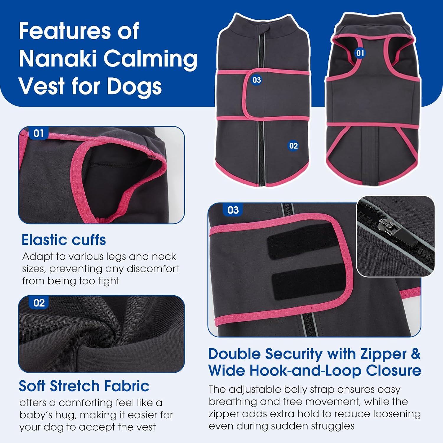 Nanaki Calming Stress Relief Dog Anxiety Vest Jacket that Soothes Puppy | Gentle pressure,Reflective strip,Adjustable,Peaceful sleep & grooming,Ease separation anxiety,for storm,fireworks,loud noise