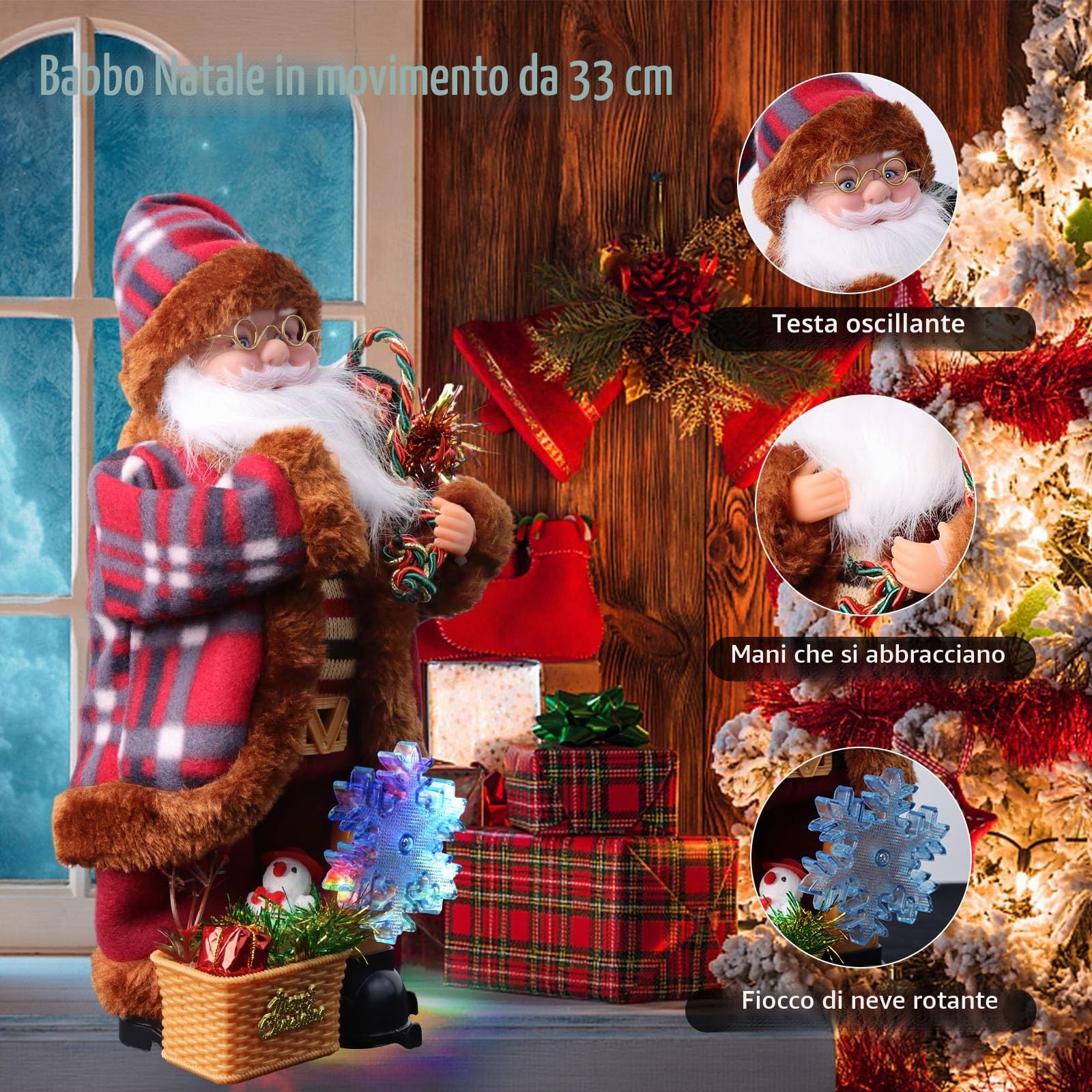 Suewidfay Figura di Babbo Natale Cantante e Danzante in Piedi, 35 CM /14 pollici bambola di Babbo Natale in movimento Padre Natale con musica e luci ornamenti natalizi decorazioni natalizie