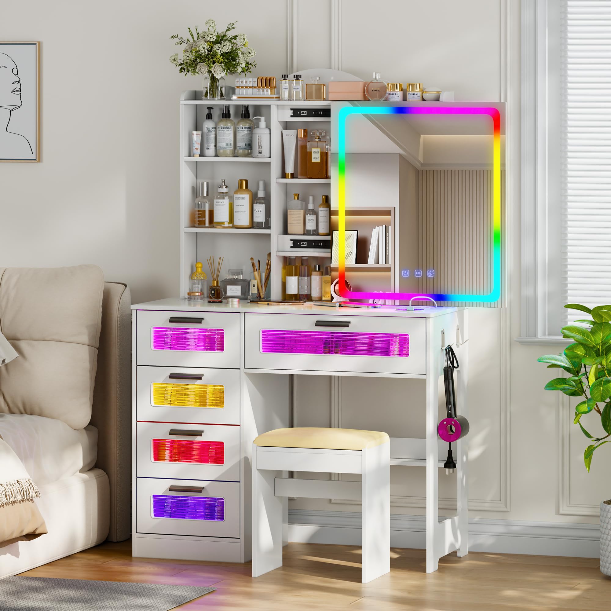Vlsrka Tocador con Espejo Deslizante y Luces LED, tocadores RGB con estación de Carga, tocadores de Maquillaje con Mando a Distancia, cómoda Blanca con Taburete/cajones Grandes para Dormitorio