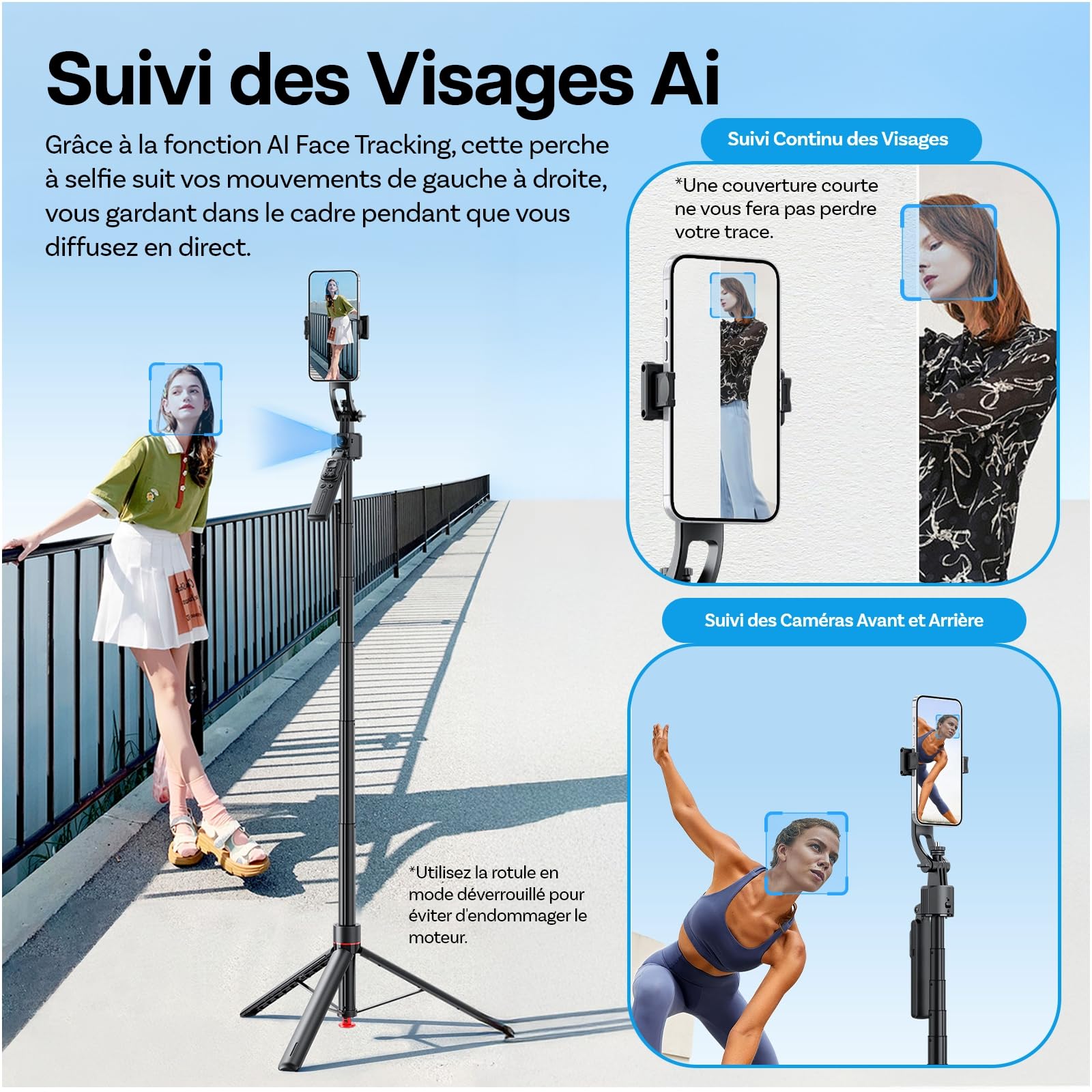 Trépied Selfie Stick avec Suivi du Visage 360° AI par MMOBIEL - Contrôle Gestuel, Télécommande Snap-Out, Bluetooth 5.4, Perche Extensible 1,76m, Trépied Auto-Ouverture pour iPhone, Android, GoPro