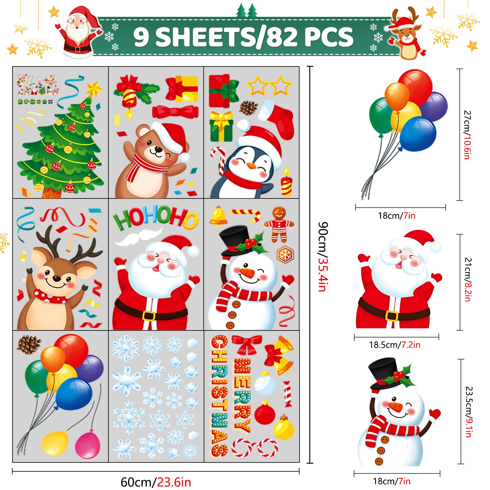 218 Pcs Christmas Window Clings - Reusable Snowflake Santa Snowman Decals 10 Sheets