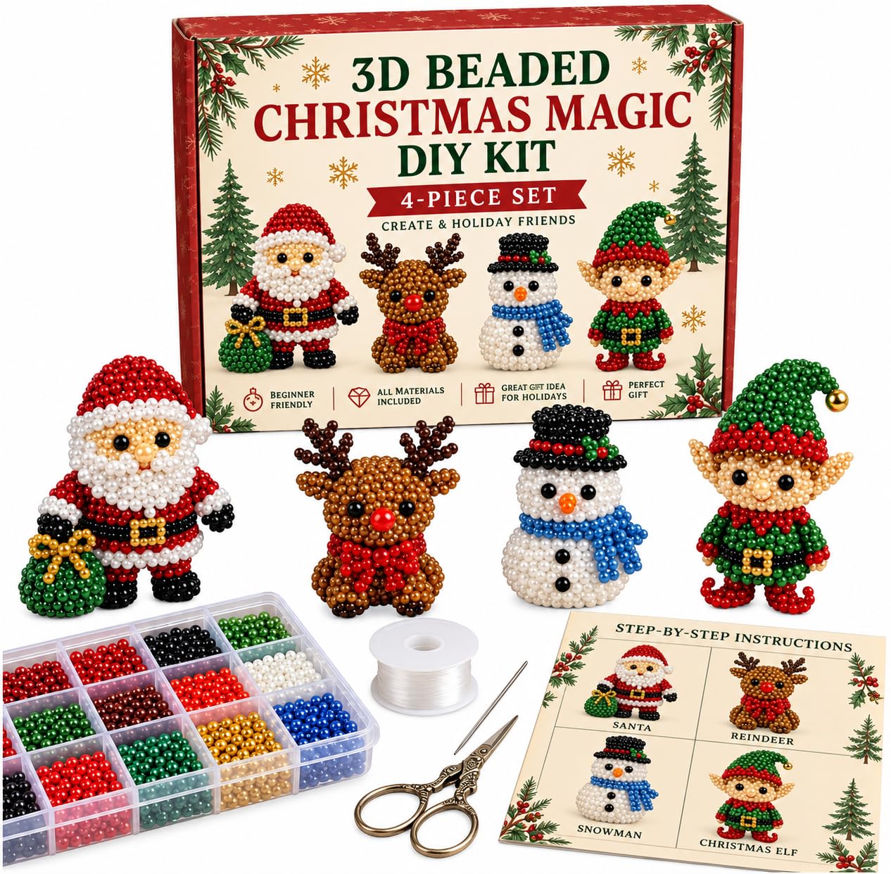 Diy Beaded Christmas Tree Kit, Christmas Bead Craft Ornament Kits 4-Piece Holiday Craft Set Tree Snowflake & Wreath Beginner Friendly Children & Adults Xmas Activity Portable Bead Set Gifts