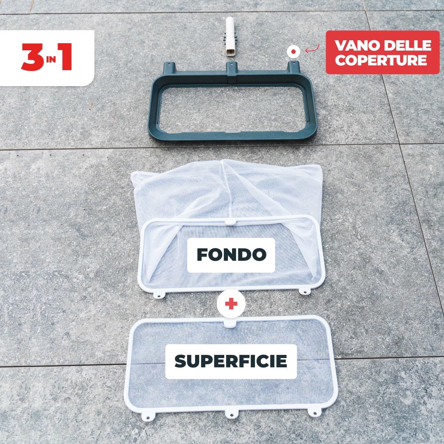 Nodi Net+ | Retino da Piscina Professionale 3-in-1 | Fondo, Superficie e Vano Tapparella Sommersa | Resistenza 32 kg | Rete Sostituibile | Duraturo ed Economico
