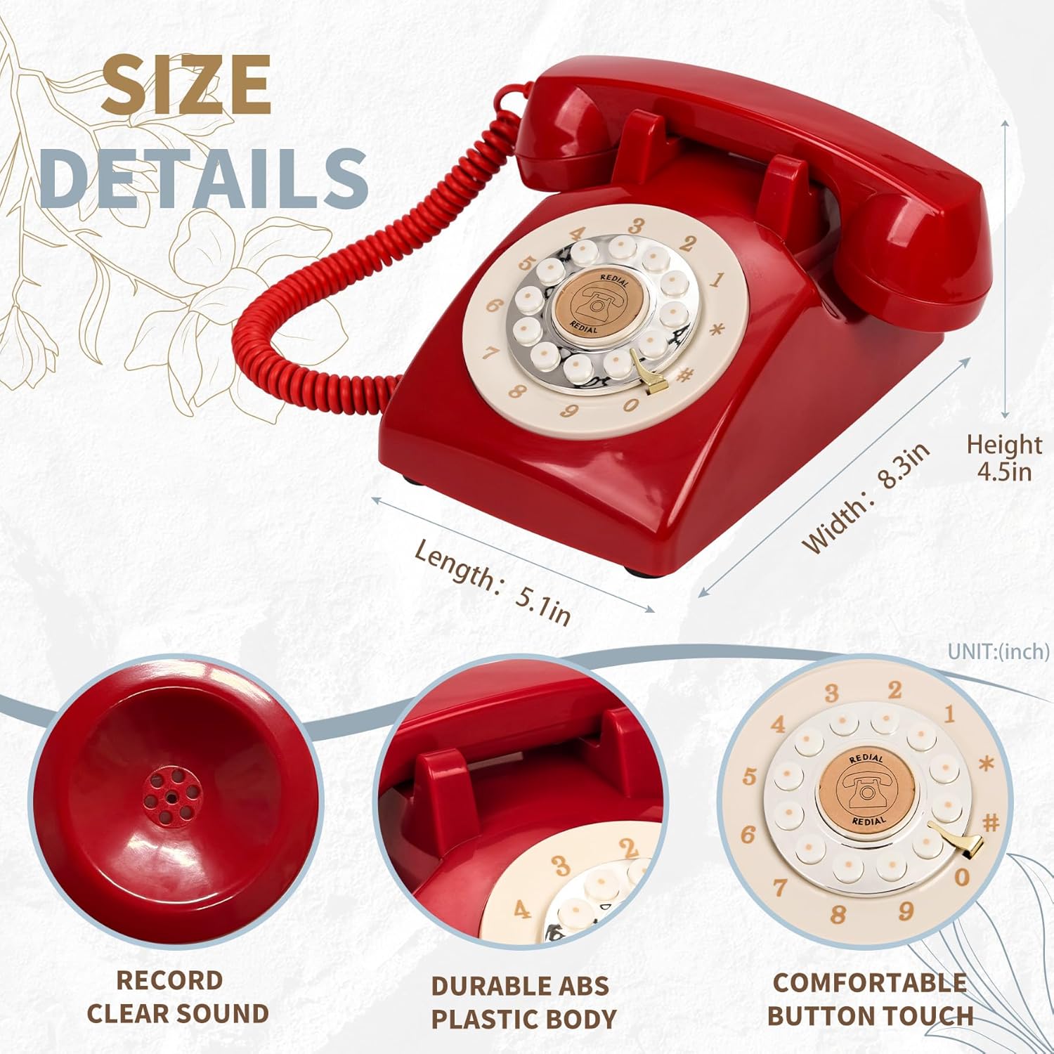 Audio Guest Book Wedding Phone,32GB Memory Customized Audio Messages, Volume Adjustable, with Message Replay Feature, Suitable for All Kinds of Party (Art Deco, Fresh-Red)