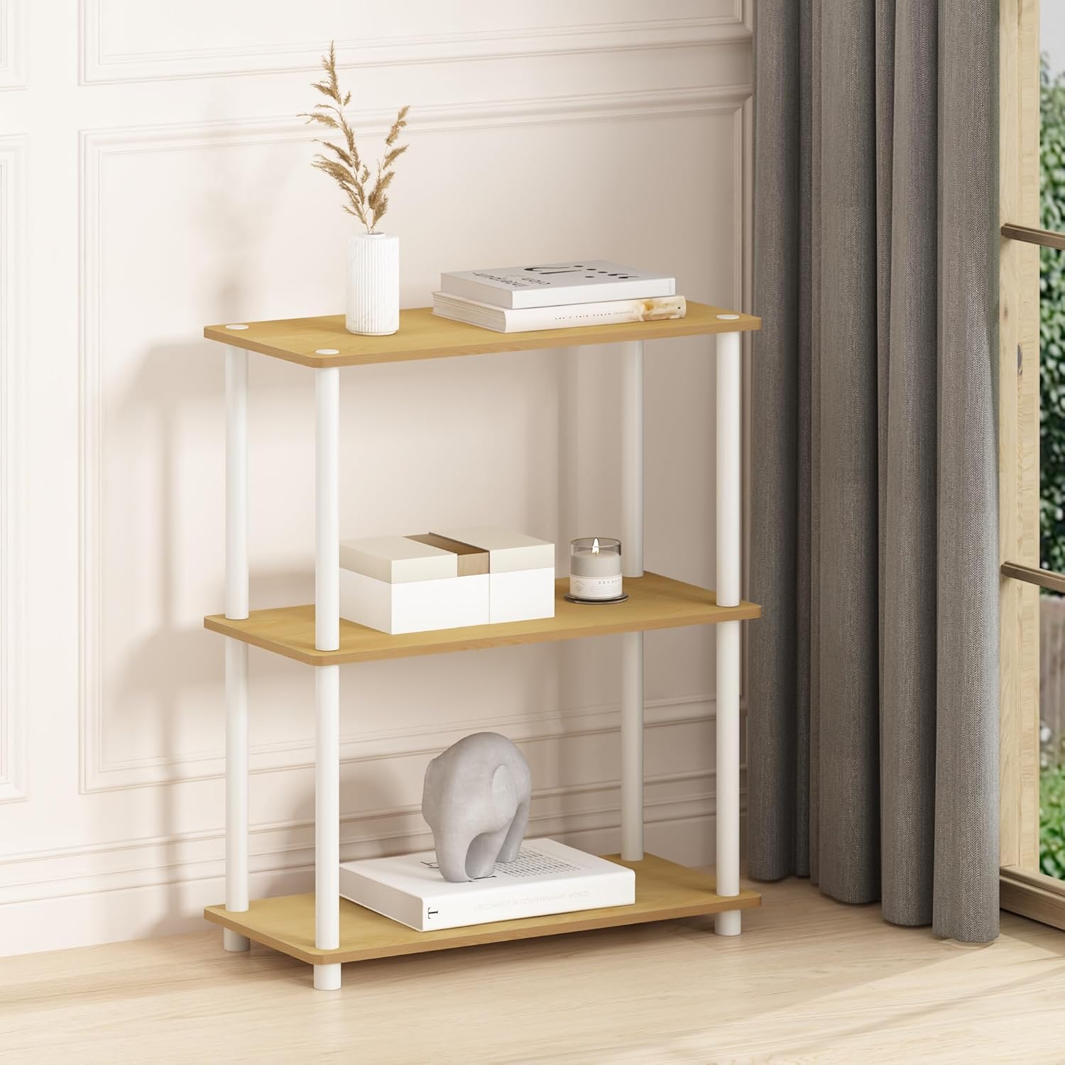 Furinno Turn-N-Tube Storage Shelves, 3-Tier Book Shelf, Corner Shelf, Toolless Open Shelves, for Organization and Storage, Living Room, Bedroom, Entryway, Laundry, Light Beech