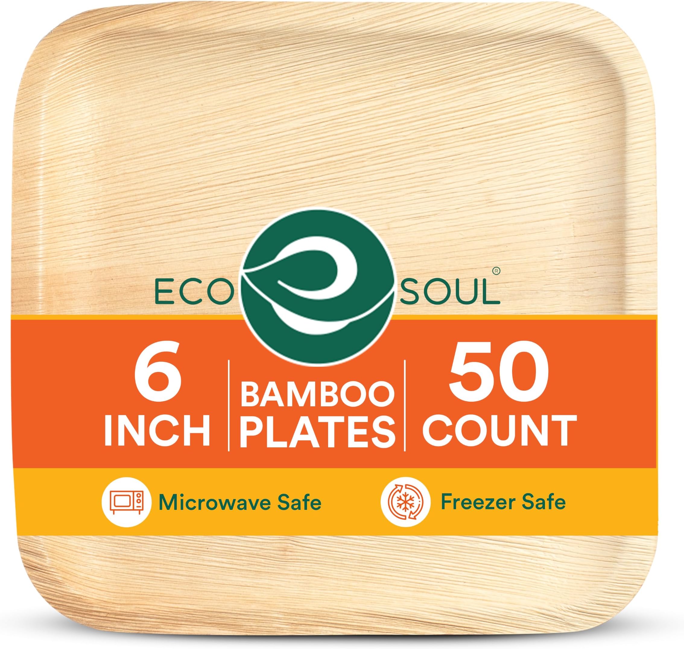 ECO SOUL 6 Inch Disposable Bamboo Plates (50 Pack, Square) | Premium, Natural, Food-Safe, Heavy Duty, Compostable, Eco-Friendly, Biodegradable, Best For Events, Parties, Weddings, BBQs