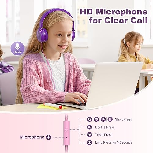 Miniatura 3 de AILIHEN Auriculares para niños para la escuela, volumen seguro limitado 93 dB, micrófono HD en la oreja sonido estéreo para niñas y niños,
