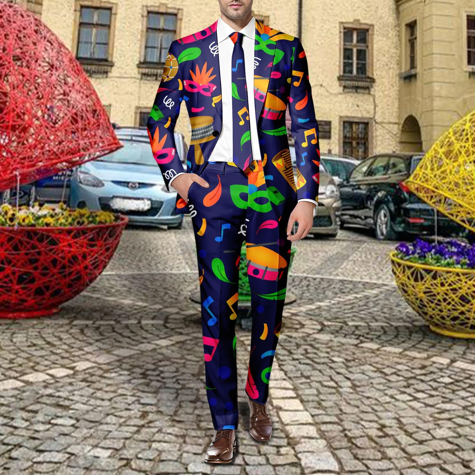 Anzug Herren Lustiger Masken Drucken Faschingskostüme Bunte Funky Suit Einreihiger Blazer und Hose Klassisch Smoking Anzüge Festliches Party Mardi Gras Karneval Kostüm