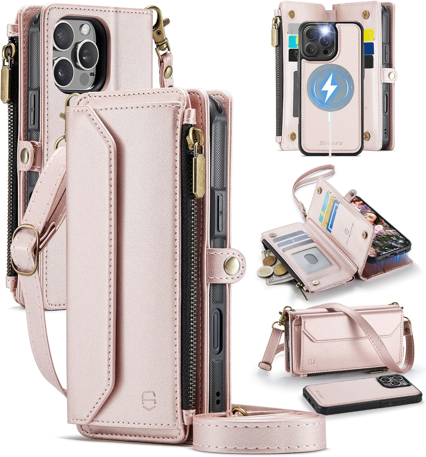 for iPhone 14 Pro Max Detachable Wallet Case Compatible with Magsafe, RFID Blocking 9-Card Holder Zipper Strap Lanyard PU Leather Magnetic Phone Case for iPhone 14 Pro Max 6.7", Rose Gold