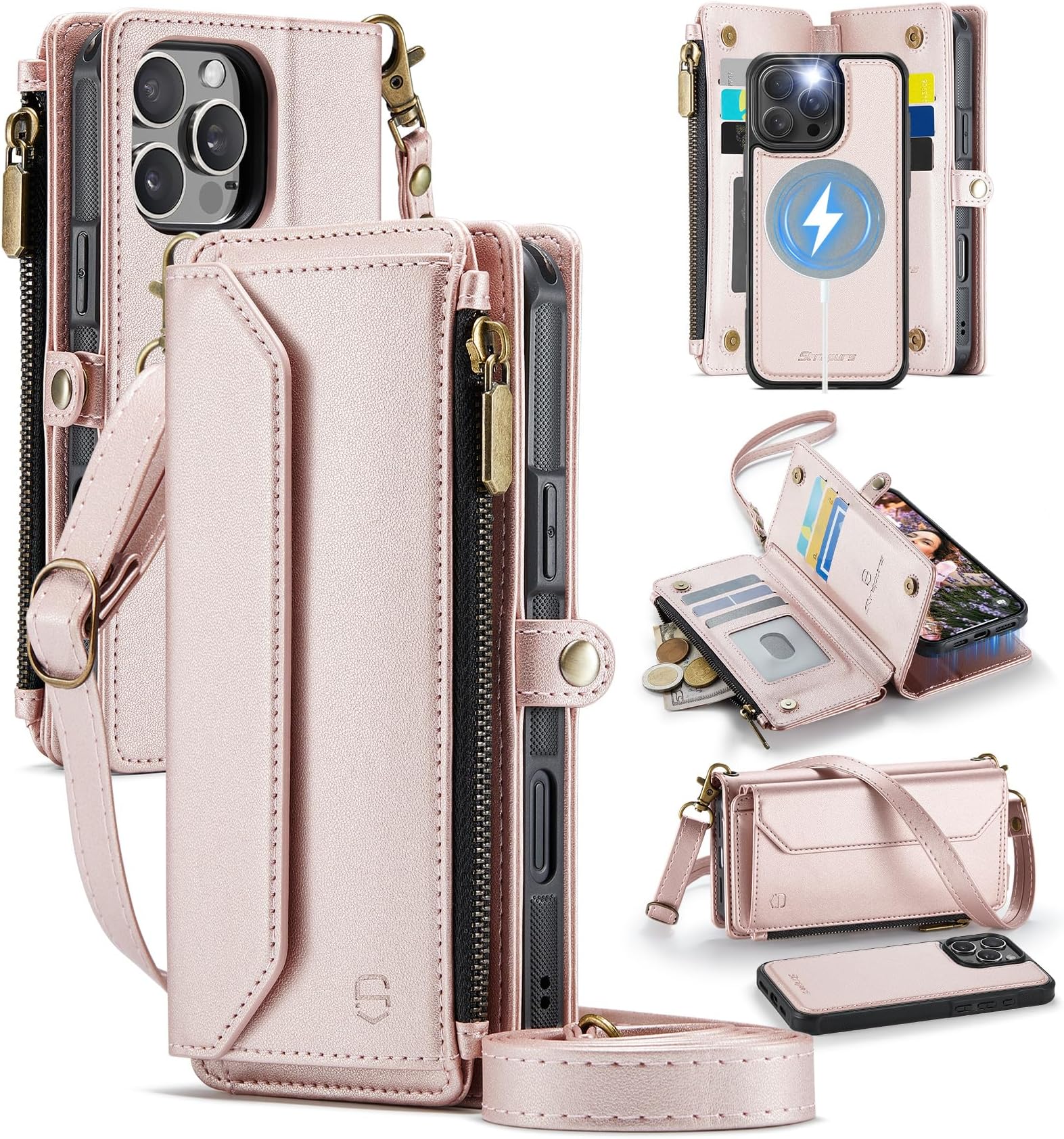 for iPhone 15 Pro Detachable Wallet Case Compatible with Magsafe, RFID Blocking 9-Card Holder Zipper Wrist Strap Lanyard PU Leather Magnetic Phone Case for iPhone 15 Pro 6.1", Rose Gold