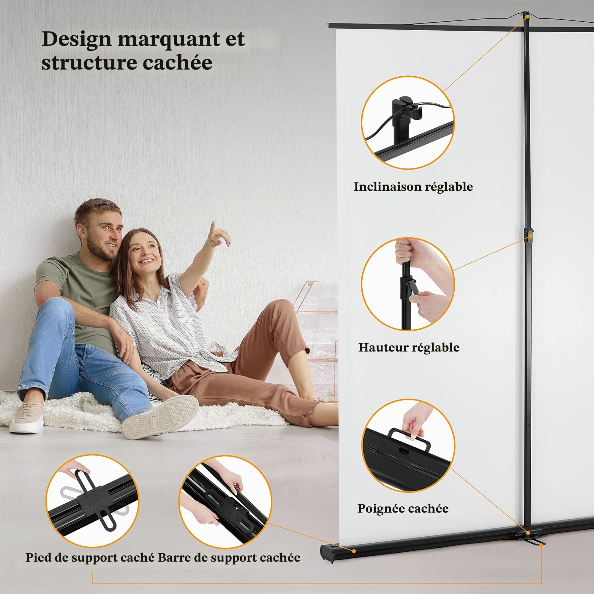 Projecteur sur toile avec support, toile de projection portable, écran projecteur 60 pouces 16:9, projection à distance ultra courte, design compact, idéal pour home cinéma, film intérieur et
