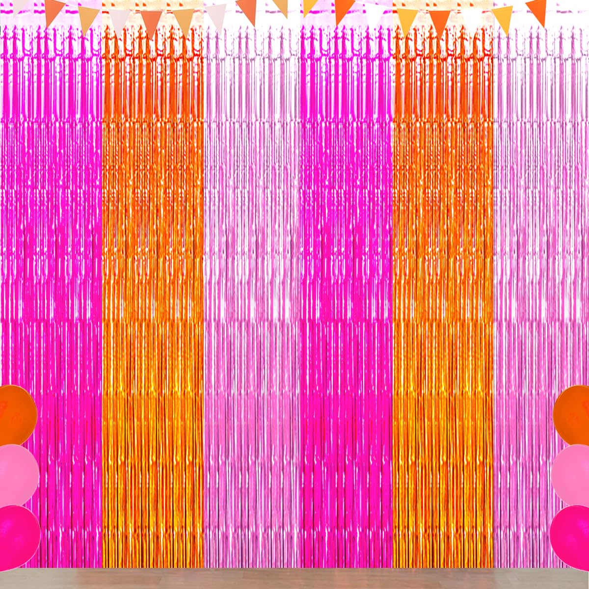 Decoración de fiesta rosa y naranja, cortina de fondo de flecos de papel de aluminio rosa, naranja y rosa intenso, serpentina de despedida de soltera de verano para cumpleaños, boda, baby shower,