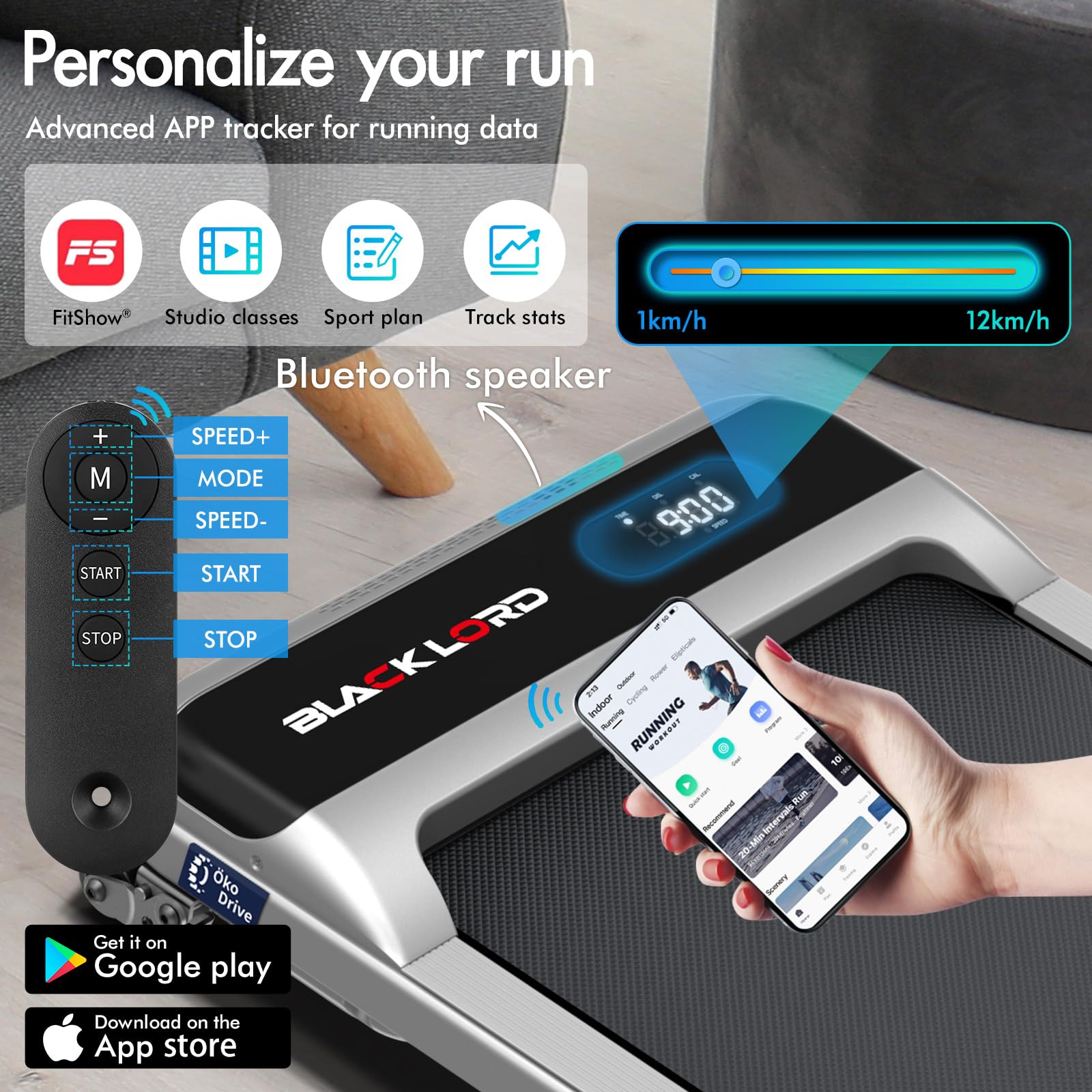 BLACK LORD Walking Pad 3.2HP, tapis roulant per casa, tapis roulant sotto scrivania con display a LED, altoparlante Bluetooth e controllo wireless, macchina da corsa con inclinazione a 2 livelli, 1-10