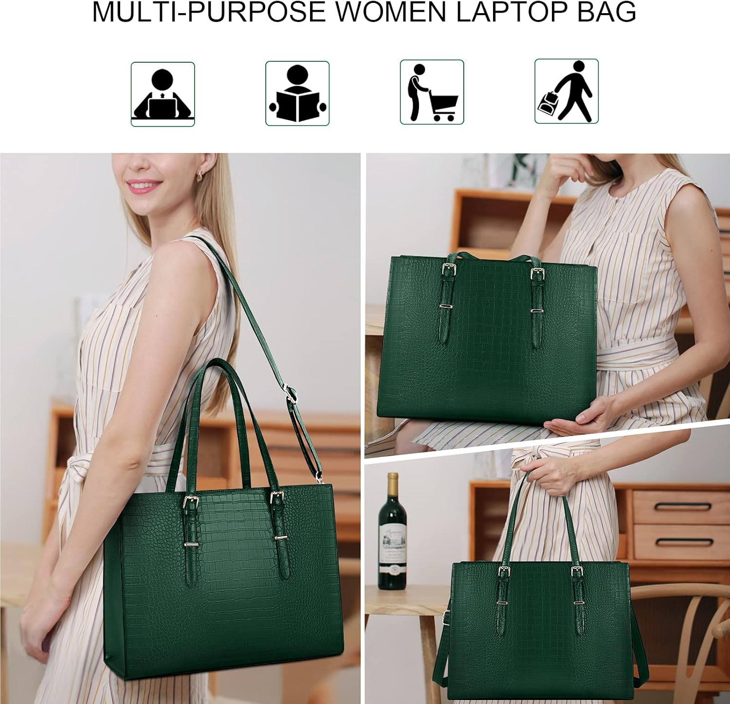 Laptop Bag for Women 15.6 Inch Laptop Tote Bag Leather Classy Computer Briefcase for Work Waterproof Handbag Professional Shoulder Bag Women Business Office Bag Large Capacity Green - Image 2