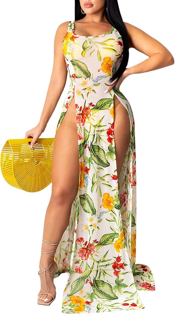 Women's Mesh Floral Print Sheer Dress Long Beach See Through Split
