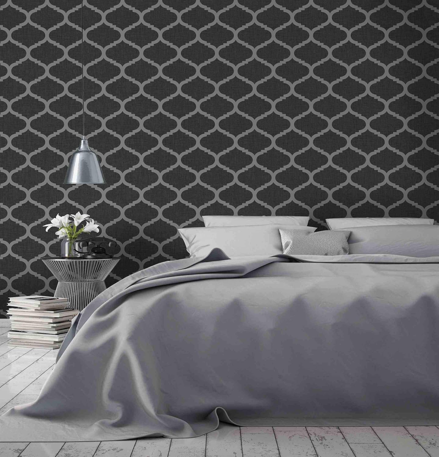Muriva Geometric Trellis Metallic Silver Gold Navy Charcoal Grey Feature Wallpaper, 53 x 1000 cm - Image 4