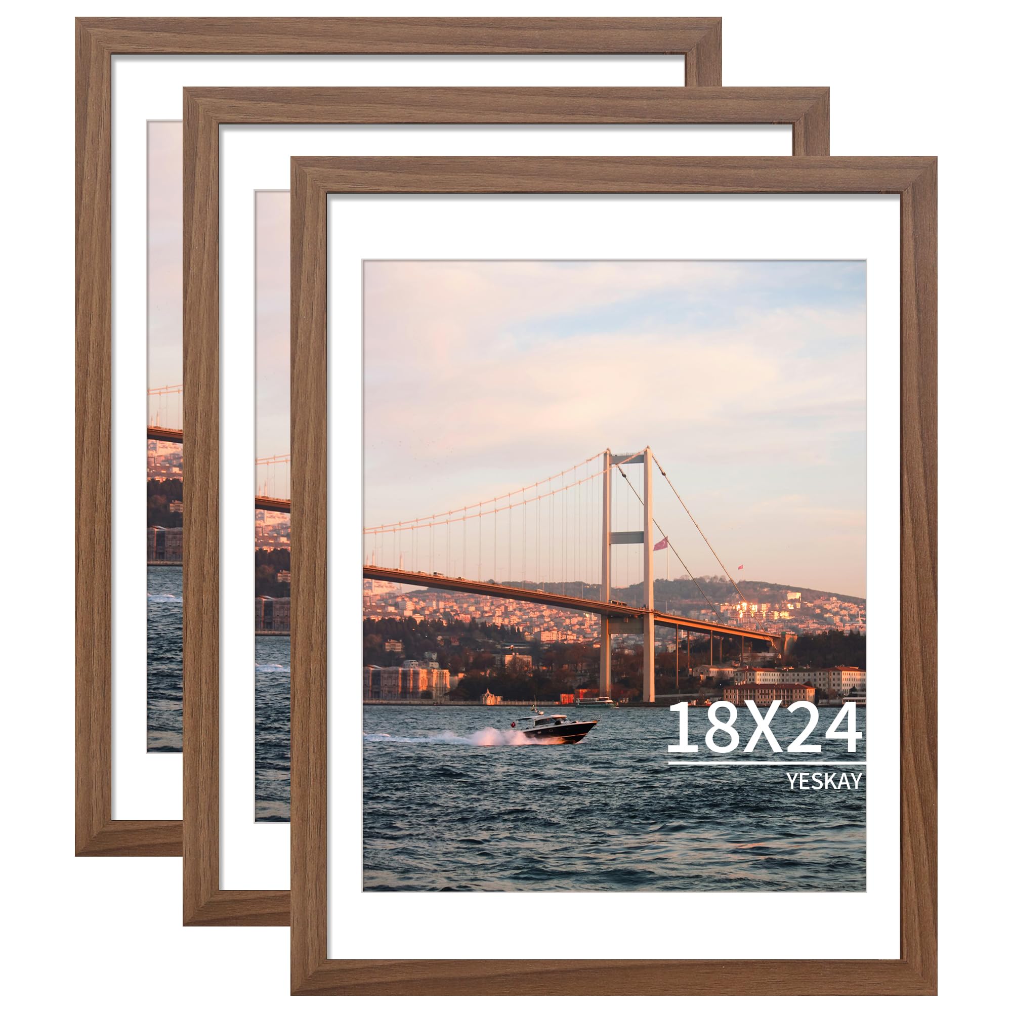 18x24 Picture Frame Brown Set of 3, Display Pictures 16x20 with Mat or 18 x 24 Without Mat, Poster Frames 18x24 for Wall Hanging Horizontal and Vertical