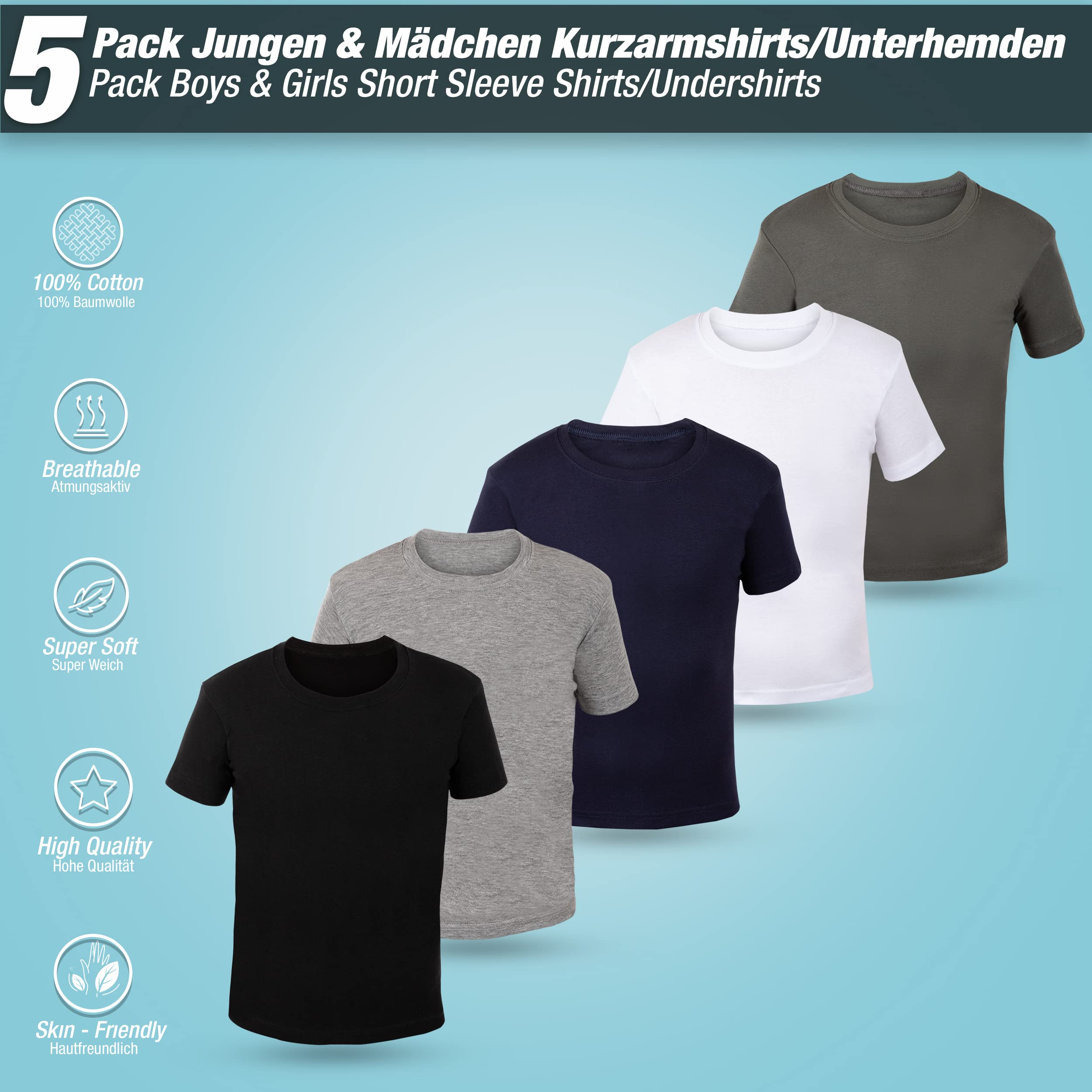 LOREZA ® 5 Maillots de Corps Enfants garçons Filles Manches Courtes T-Shirt 100% Coton Fines côtes Unisexe