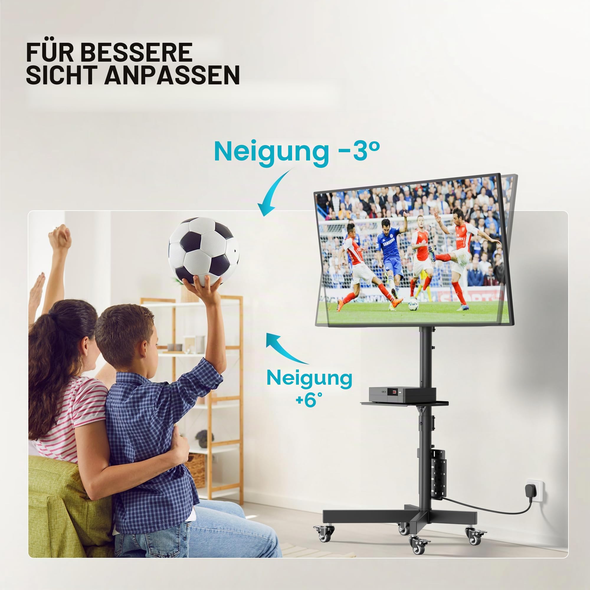 BONTEC TV Ständer Rollbar für 23-60 Zoll LED LCD OLED, Max. VESA 400x400mm, bis 40 kg, Höhenverstellbarer Fernsehständer mit Rollen und Lochplatte, Medienablage, Kabelmanagement, Schwarz