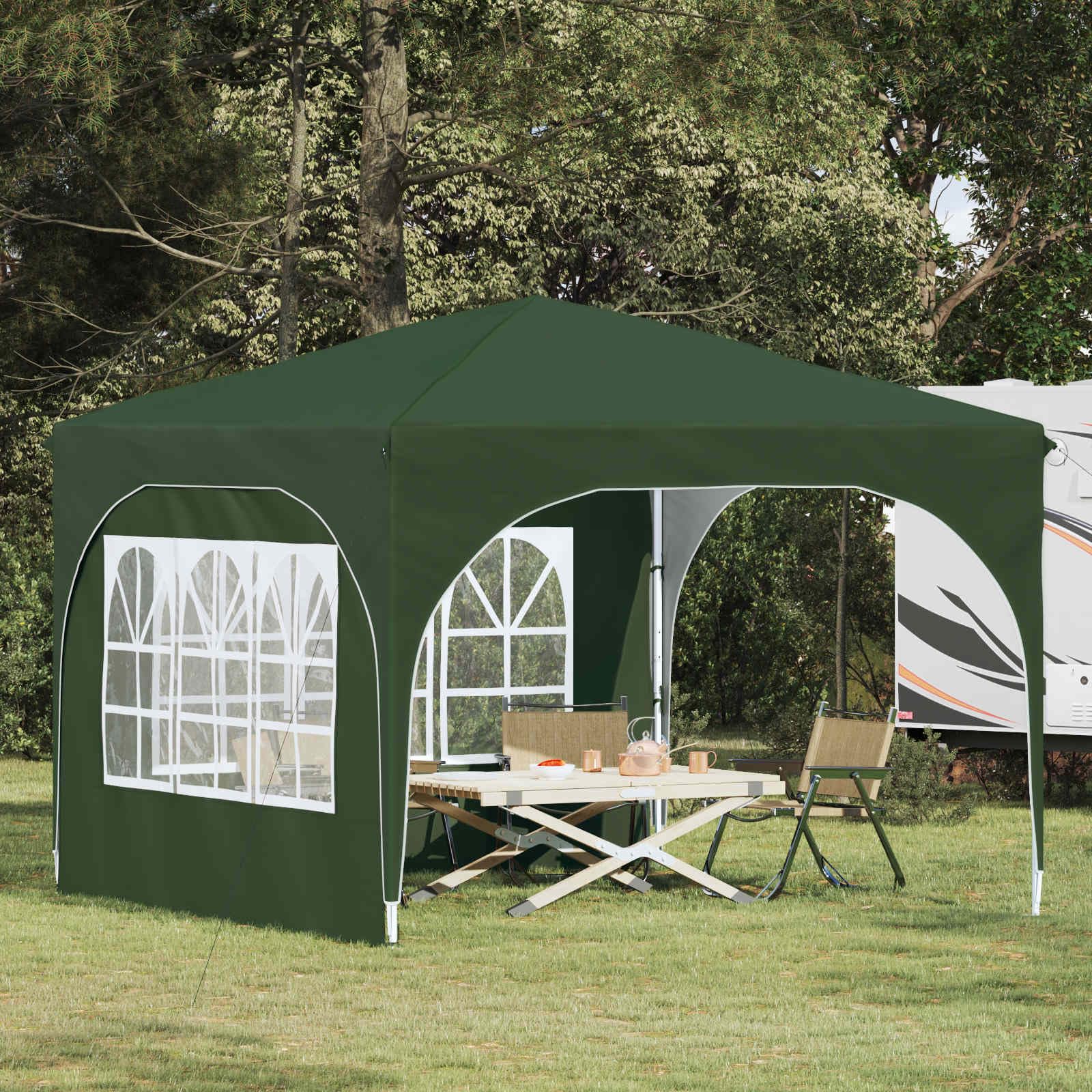 Namiot imprezowy Pop-up 290 x 290 x 245 cm, zielony, tkanina Oxford 210D, regulacja wysokości 227-245 cm, z 2 ścianami bocznymi, ochrona przed promieniowaniem UV i deszczem, mobilny namiot