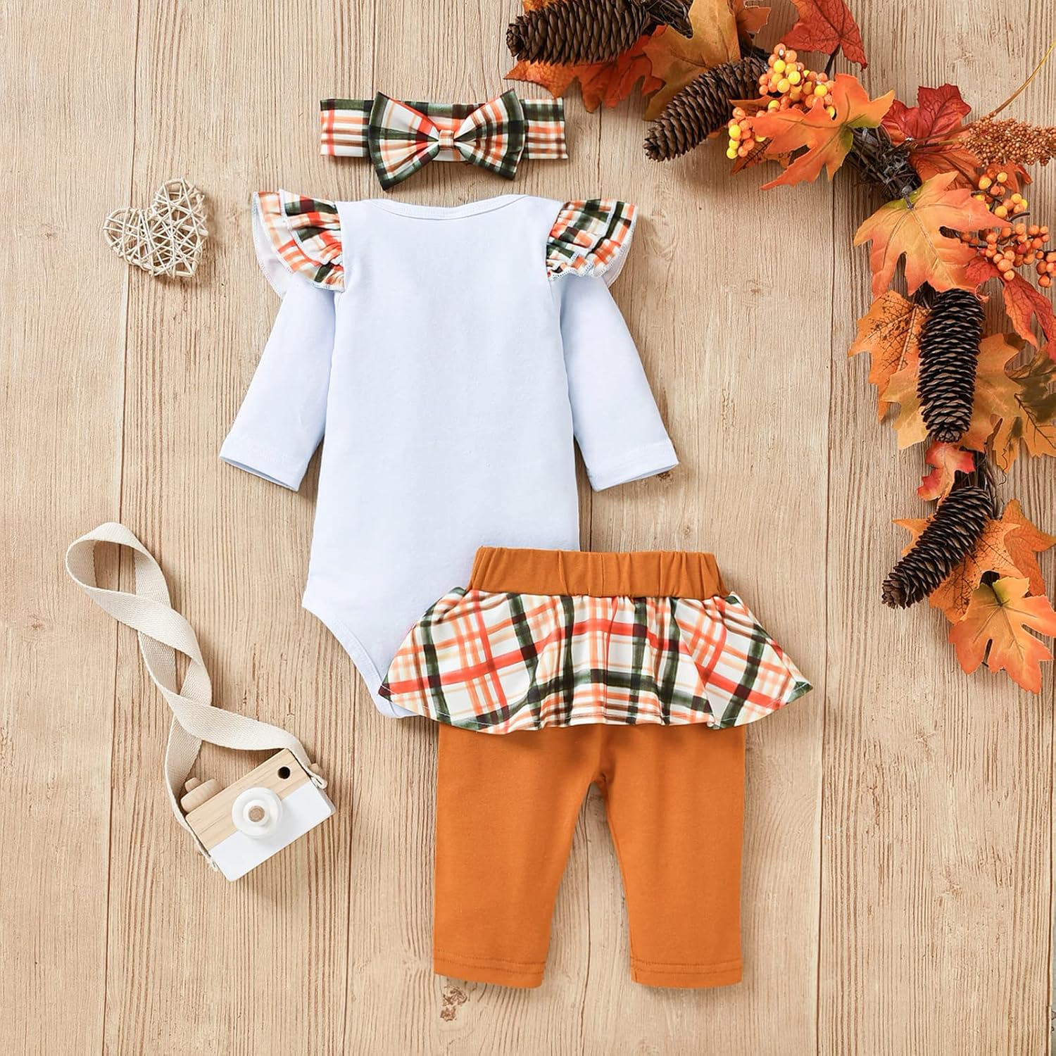 HINTINA Infant Baby Girl My First Thanksgiving Outfits Turkey Print Romper Long Pants Headband Clothes Set