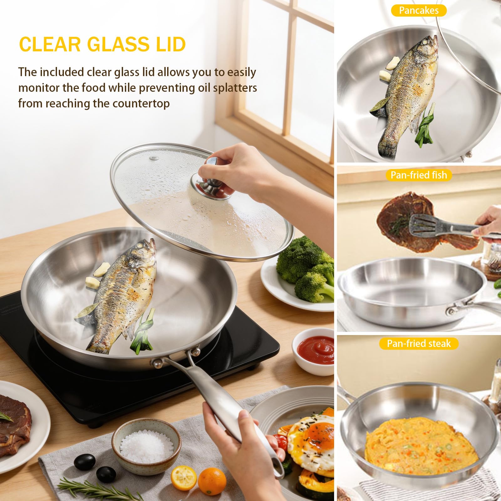 Sartén Acero Inoxidable 30cm con Tapa,Triple Capa,Mango Frío Ergonómico | Inducción, Sin Antiadherente Sin Tóxicos,Horno 400°C