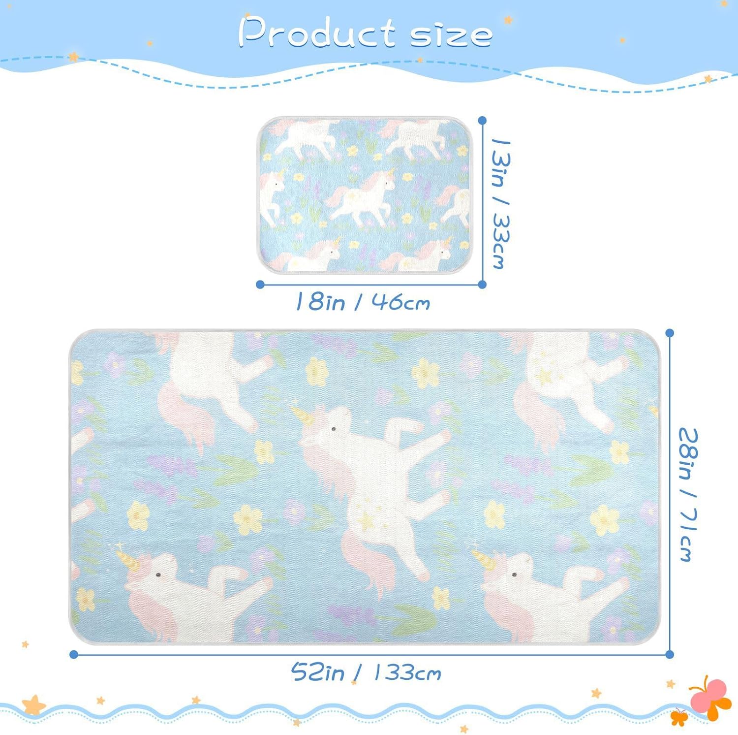 A Cute Cartoon White Unicorns Cooling Baby Mattress Cover 28" x 52" Ultra Soft Pads for Kids for Baby&Toddler