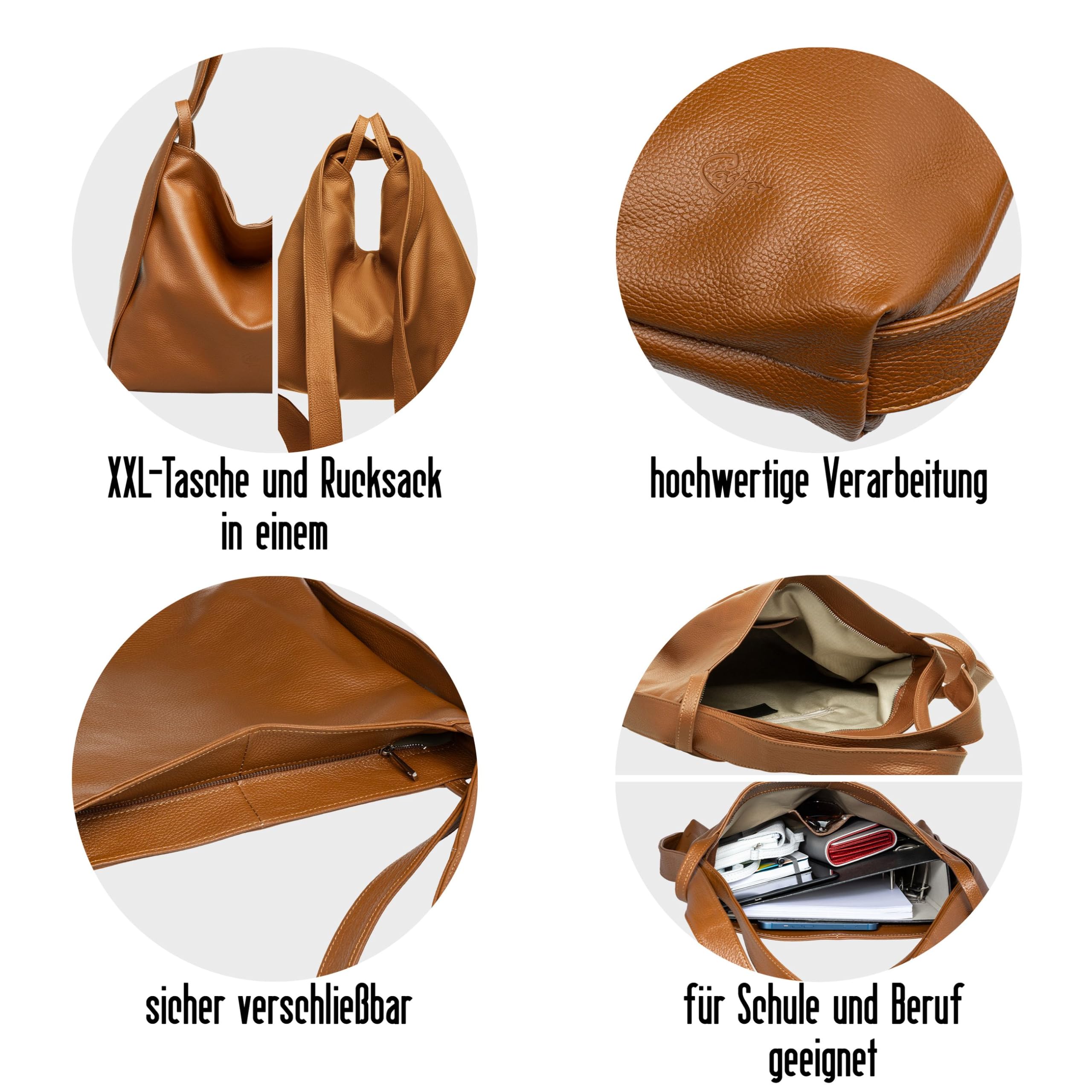 Caspar 2in1 Große Leder Rucksack Schultertasche XL Elegante Damen Handtasche - PREMIUM LINE - Modell No.786 - Made in Italy