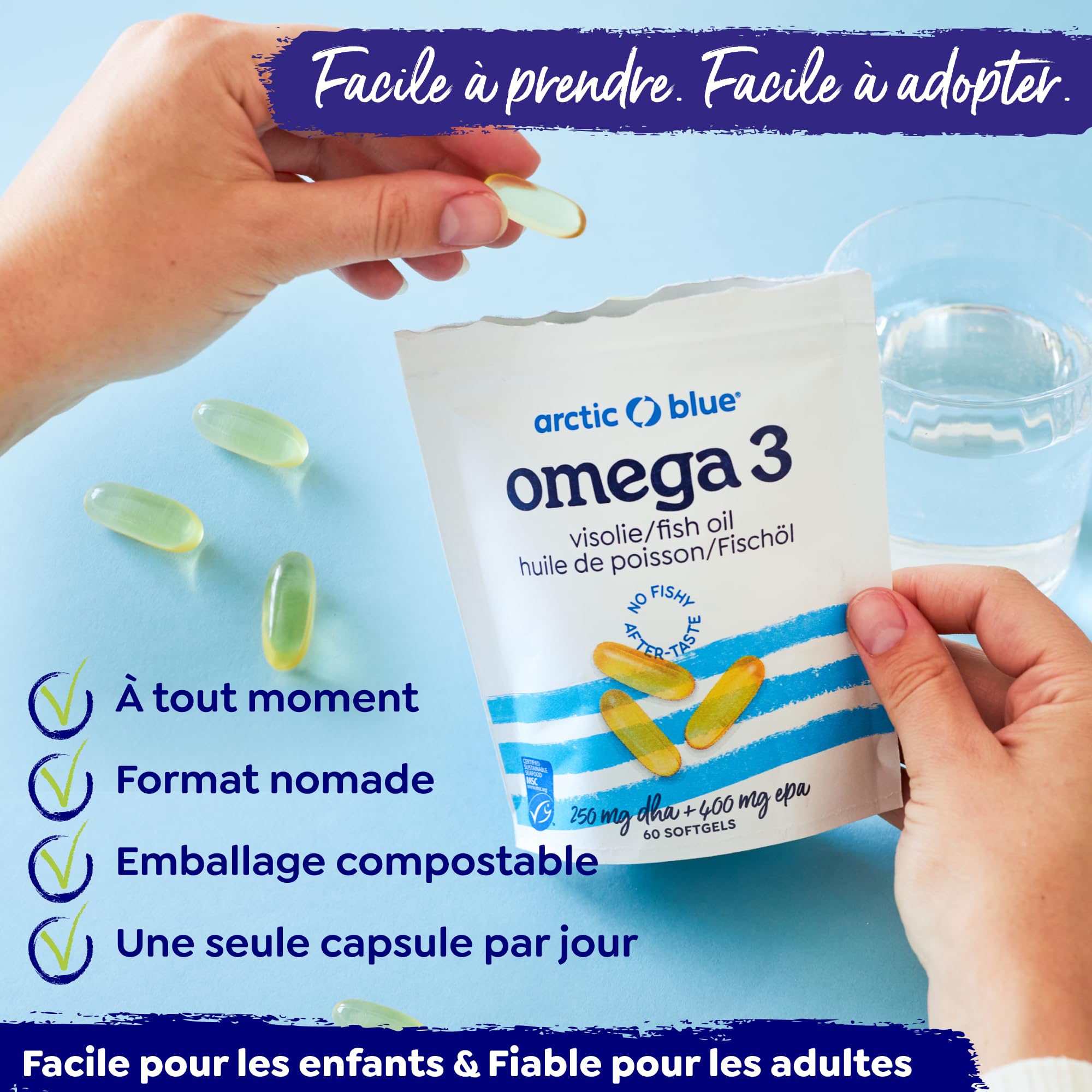 Arctic Blue Oméga-3 Huile de Poisson 60 Capsules — 550mg de DHA + 275mg d’EPA + 10µg de Vitamine D3 par Capsule — Huile de Colin d’Alaska MSC, Forme Triglycéride, Pureté Maximale, Sans Goût de Poisson