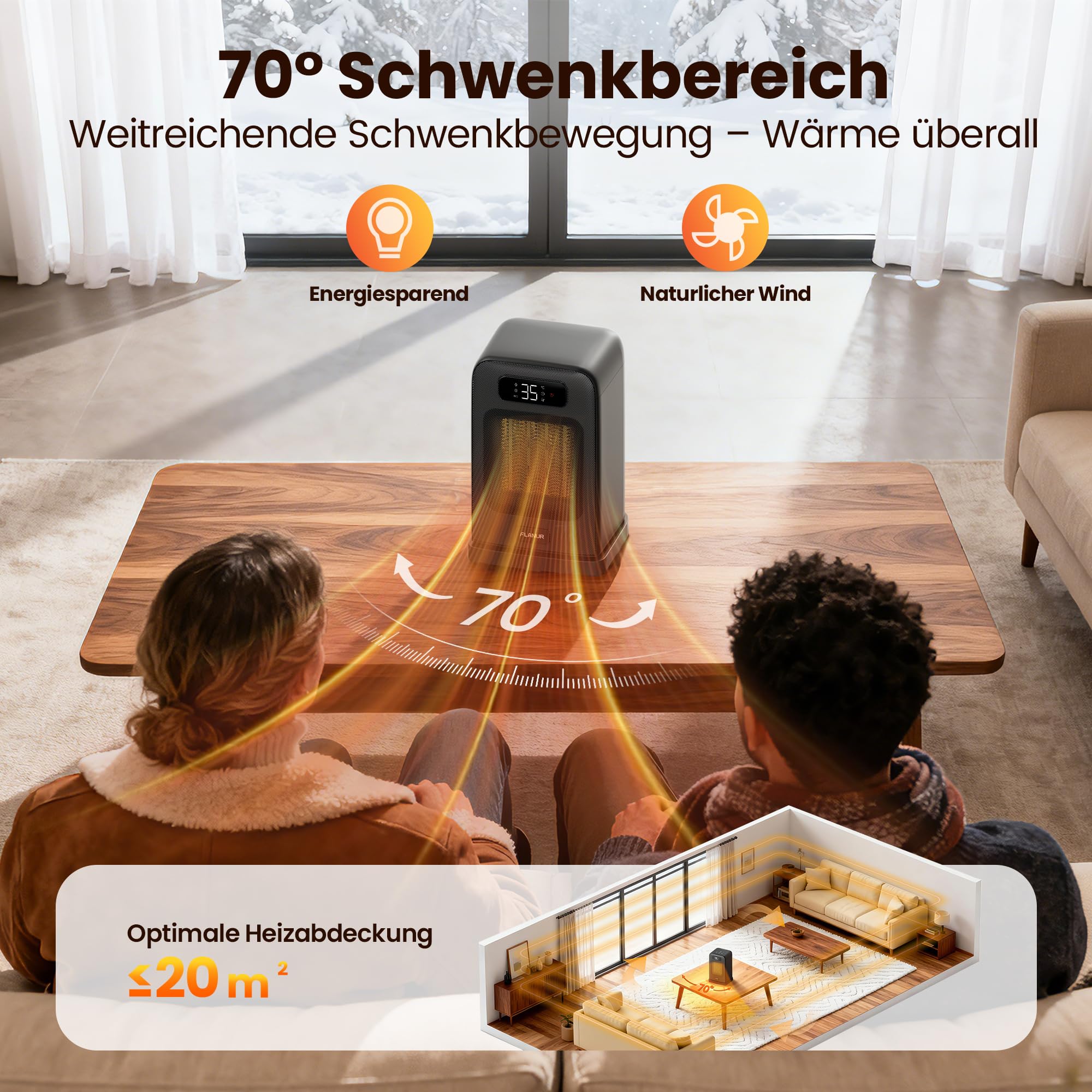 Heizlüfter Energiesparend, 1500W PTC Keramik Heizlüfter Leise, 26cm Elektroheizung mit Thermostat & Fernbedienung, ECO Modus, 70° Oszillation, 12h Timer, Überhitzungs-Kippschutz- Schwarz