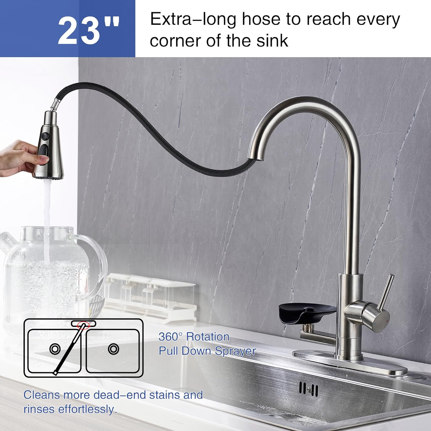 Kitchen Faucet with Glass Rinser Single Handle Pull Down Kitchen Sink Faucet with Cup Washer 1 or 3 Hole Glass Rinser Faucet for Kitchen Sink, Brushed Nickel