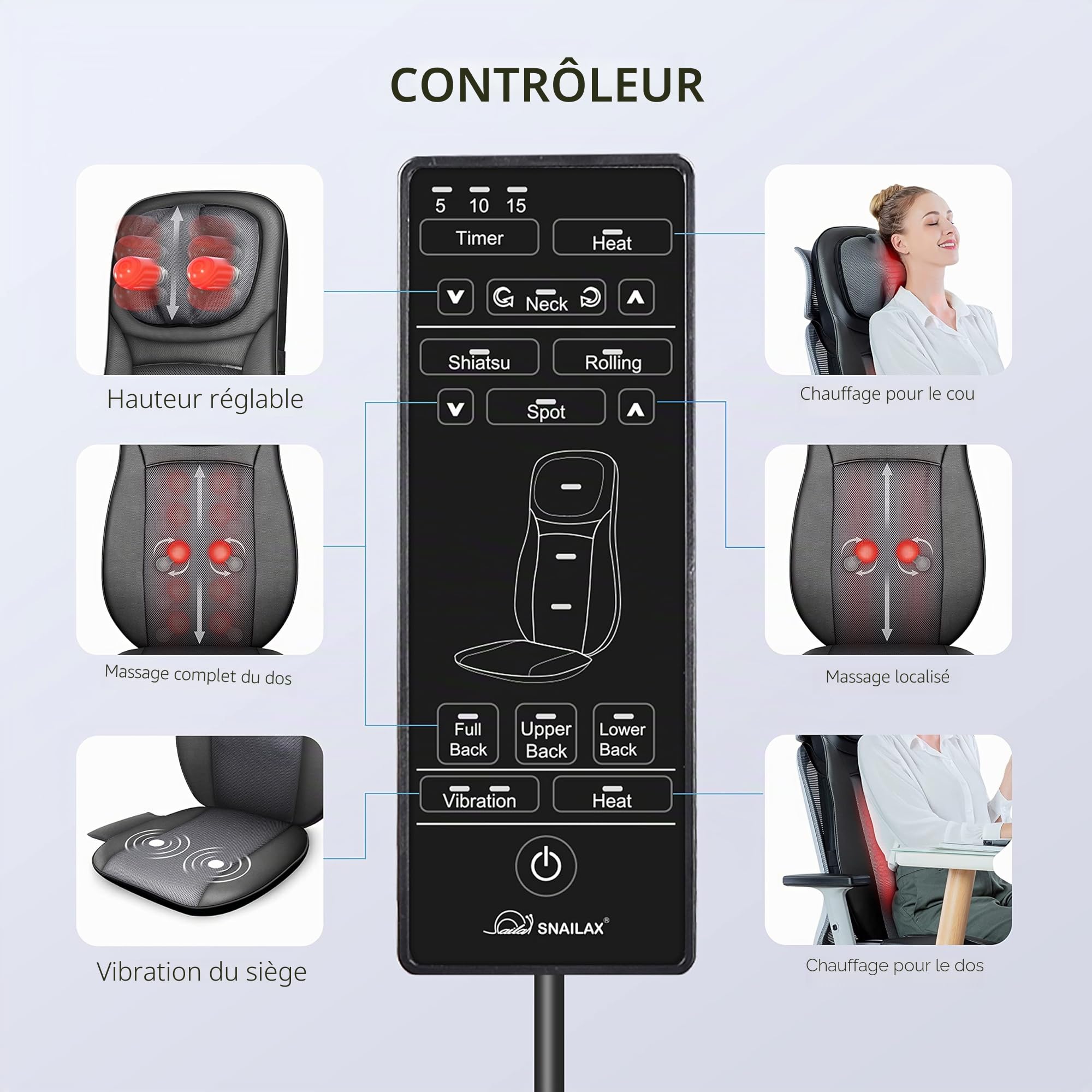 SNAILAX Fauteuil Massant Shiatsu Coussin de Massage Dos avec Chaleur - Siege Massant pour Massage du Cou et du Dos dans Bureau&Domicile Cadeau Anniversaire et Noël pour Maman/Papa/Homme/Femme/Couple