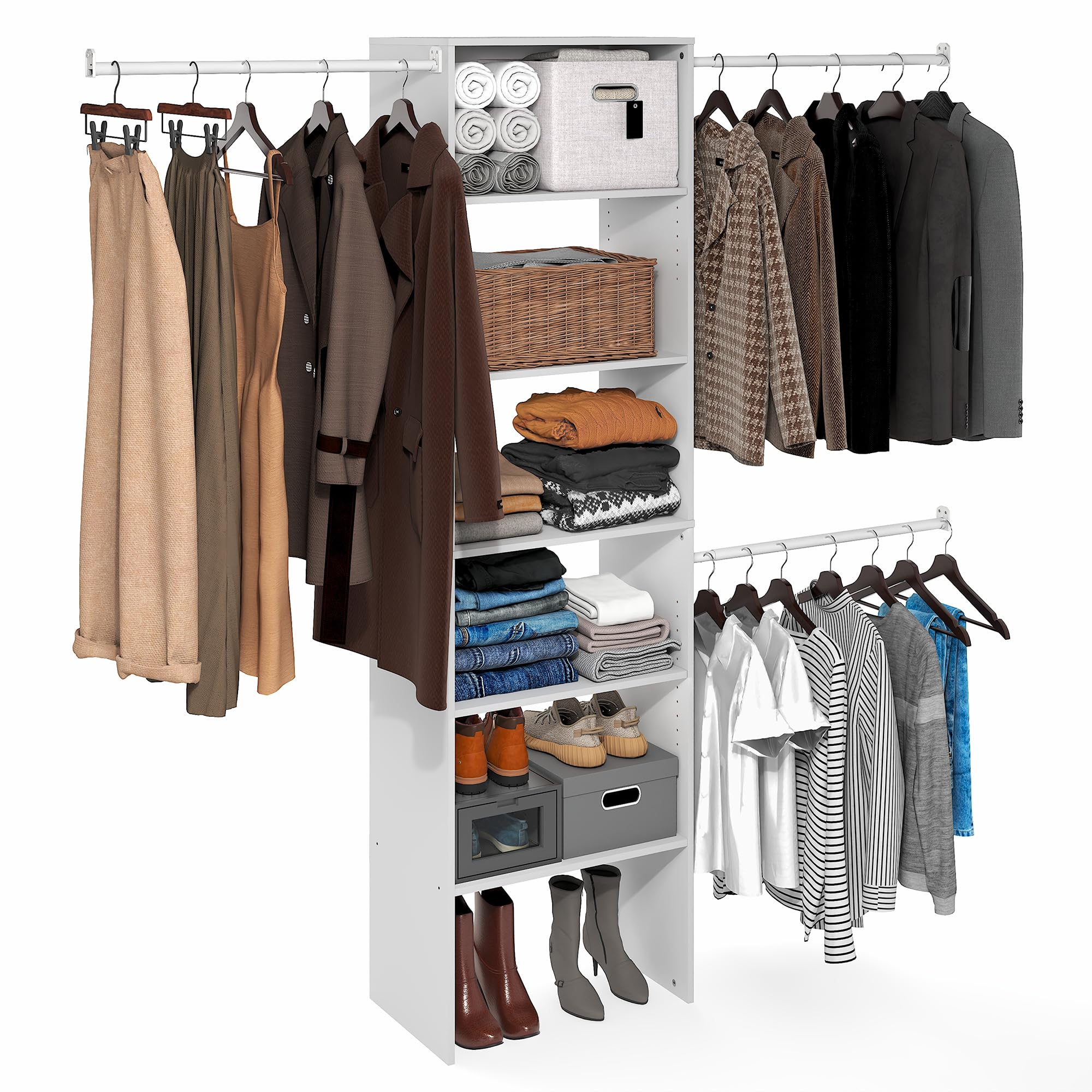 Furinno FANO Closet Organizers and Storage, 5-Tier Wide Closet Storage Organizer with 3 Hanging Bars and Adjustable Shelf, Wardrobe Closet Shelf Tower, 14.8 x 23.6 x 82.1 for Bedroom, White
