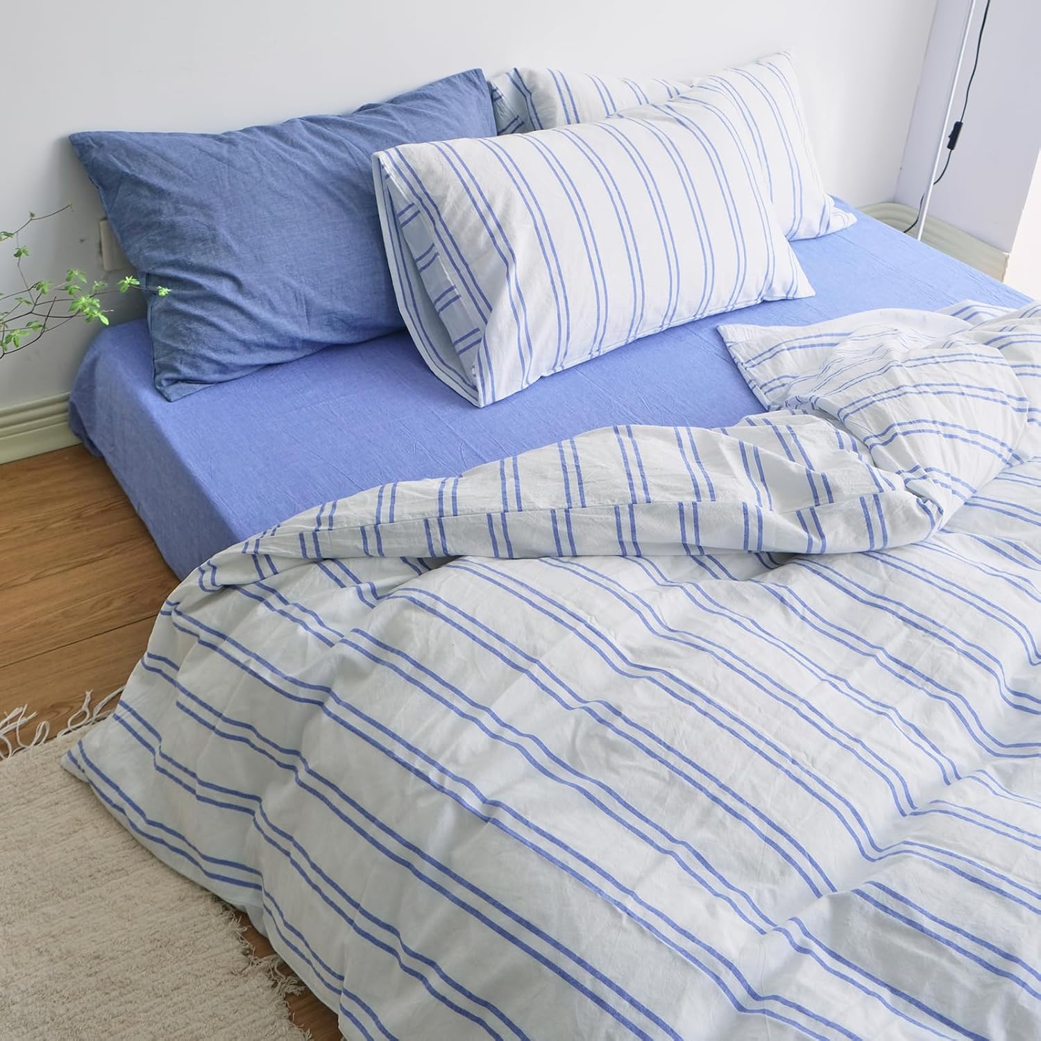 LifeTB Striped Duvet Cover Set Queen, 3 Pieces Blue Stripes Pattern Printed Comforter Cover, 100% Washed Cotton Retro Striped Bedding Set, Lightweight Soft Cotton Breathable Duvet Cover Queen