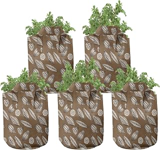 Ambesonne Earth Tones Grow Bags 5-Pack, Cocoa Beans Leaves, Heavyduty Fabric Pots with Handles for Plants, 5 Gallon, Brown Dark Brown Ivory