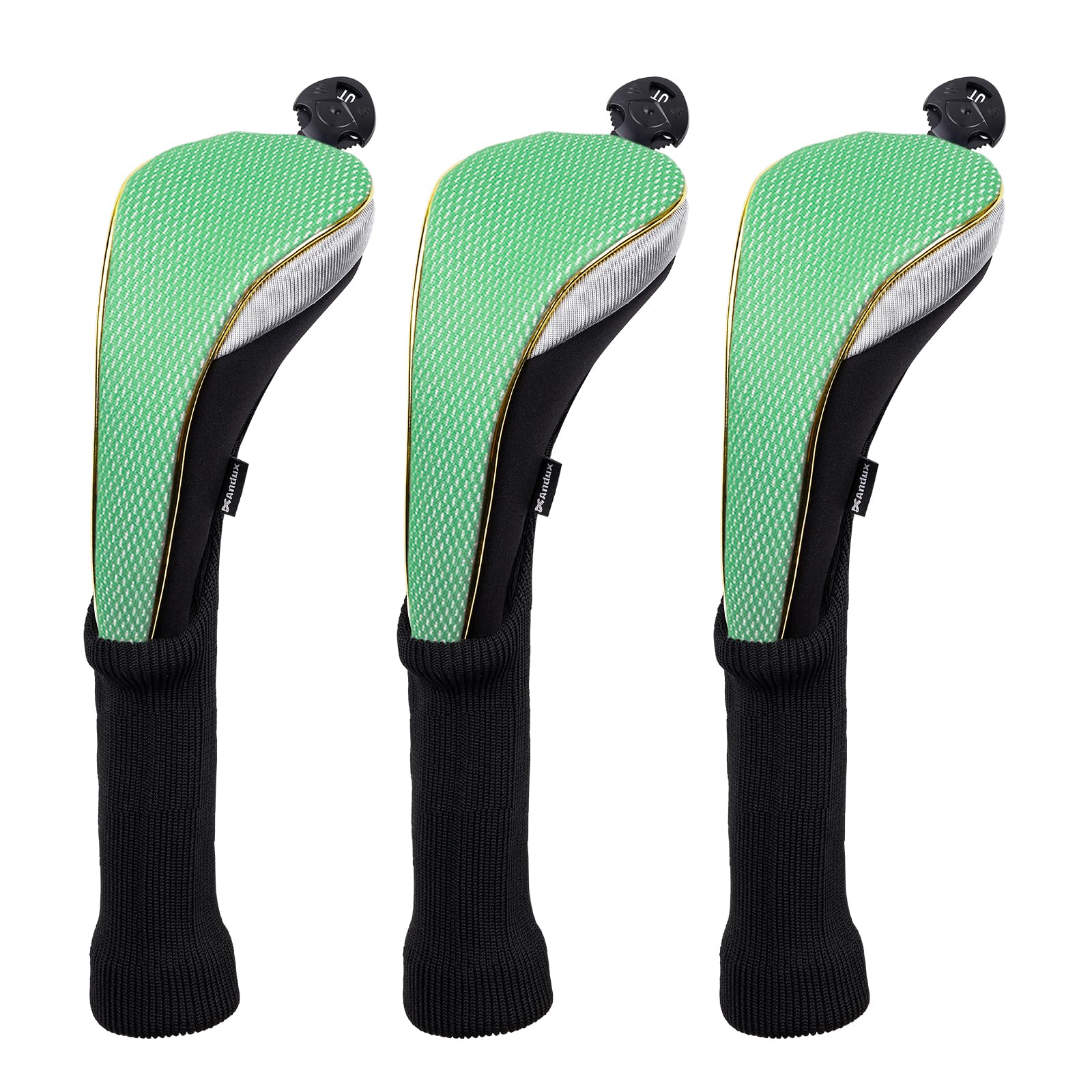 Andux 3Pcs/Set Long Neck Gold Golf Hybrids Club Head Covers with Dial No. Tag MT/HY14 (Green) โ image 1