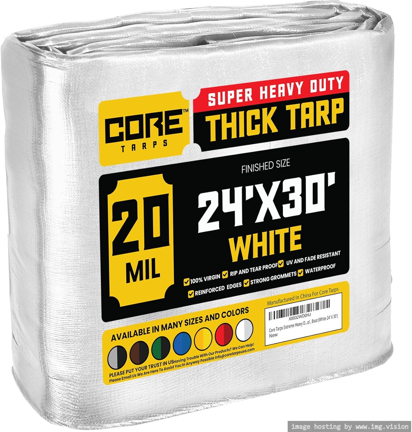 Core Tarps Extreme Heavy Duty 20 Mil Tarp Cover, Waterproof, UV Resistant, Rip and Tear Proof, Poly Tarpaulin with Reinforced Edges for Roof, Camping, Patio, Pool, Boat (White 24 X 30)