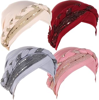 4 Pieces Womens Glitter Cross Braid Jersey Turban Hats Beanie Bonnet Canner Islamic Chemo Caps Solid Cover
